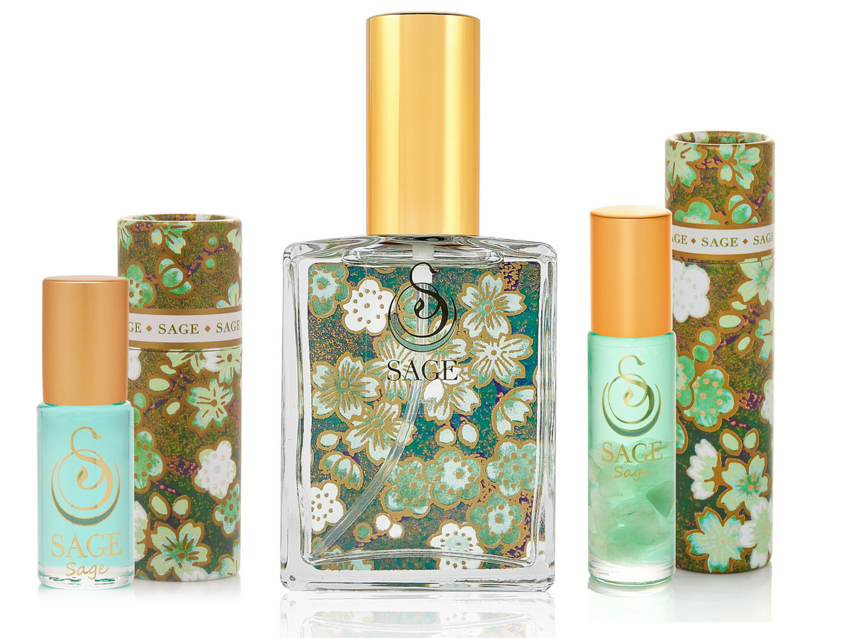 1/8 oz Sage perfume oil, 2 oz Sage organic eau de toilette, 1/4 oz roll-on with gemstones, vegan, cruelty-free gift set