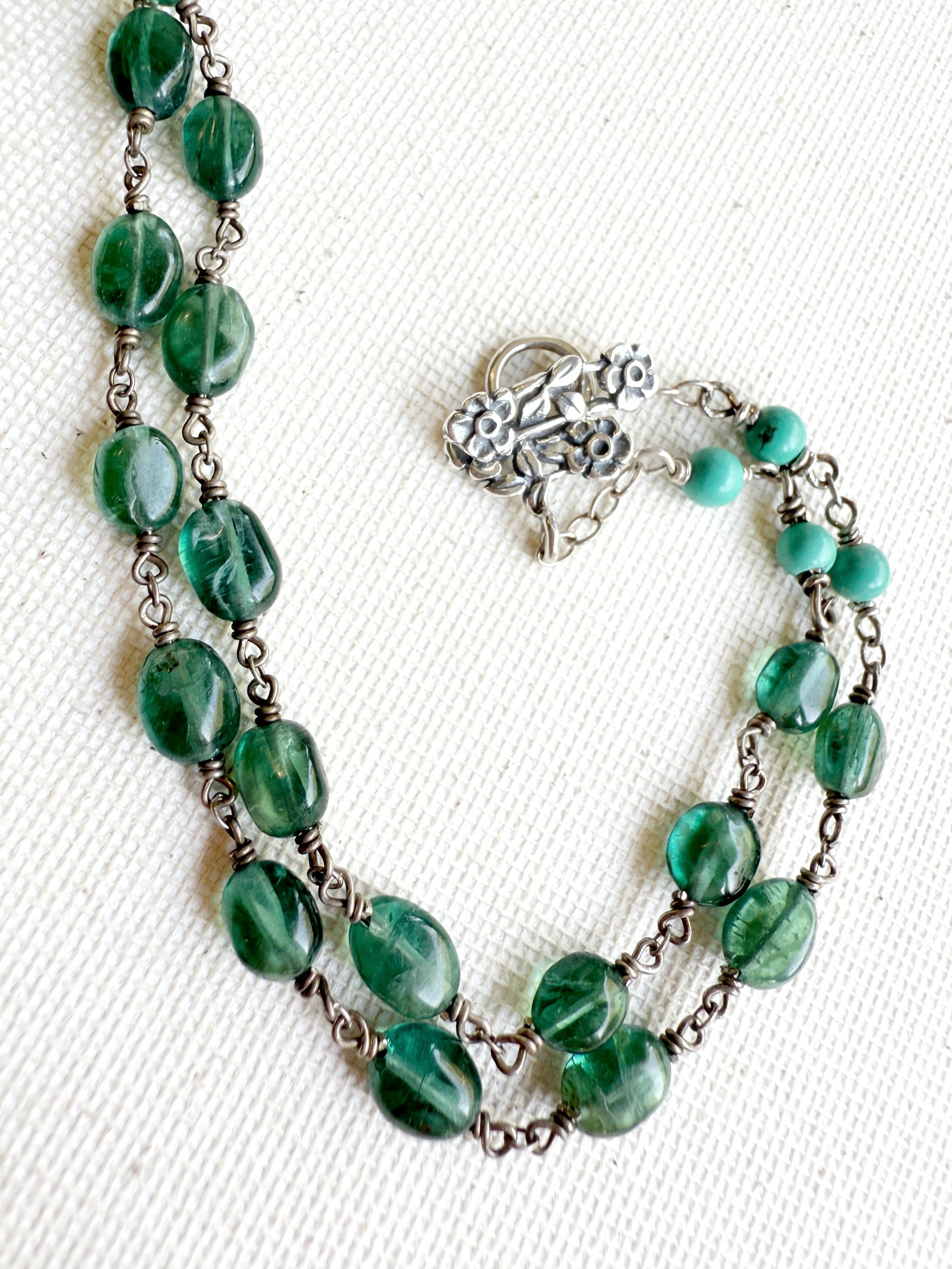 One of a Kind Vintage Arizona Turquoise, Sterling Silver and Apatite Necklace by Sage Machado