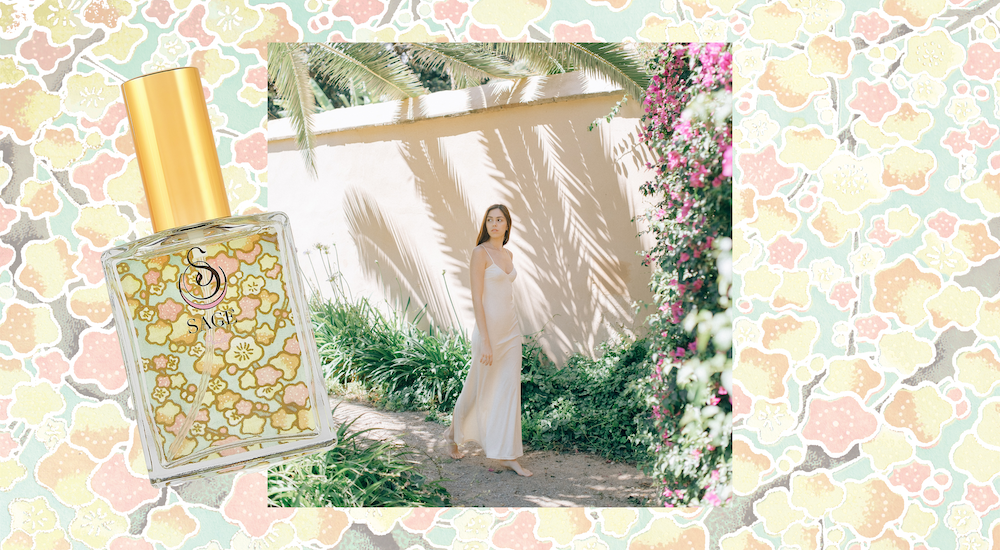 2 oz Sage Pearl perfume spray, subtle, gender neutral,vegan, cruelty free fragrance with a woman in peaceful garden setting