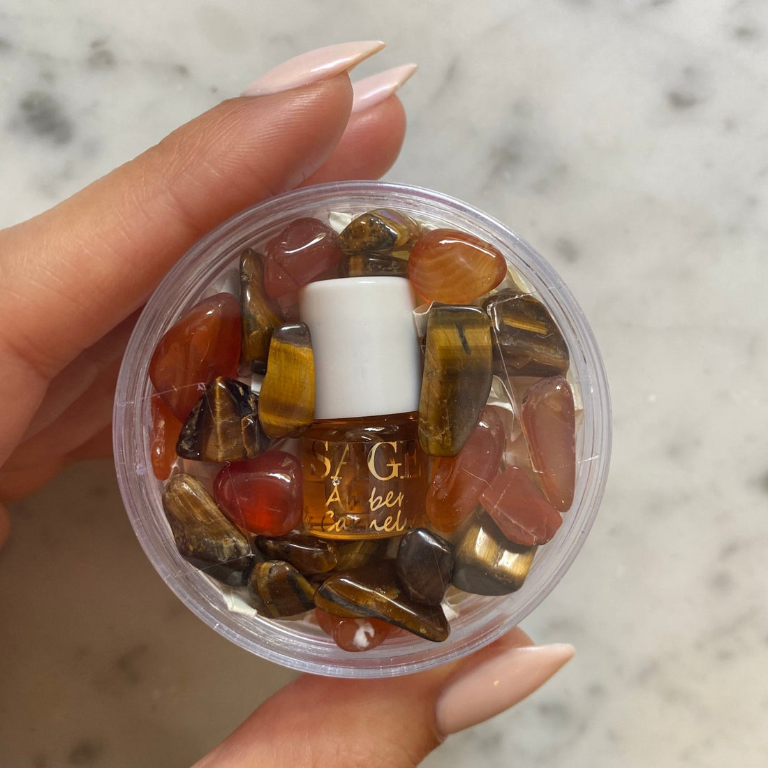 Amber &amp; Carnelian Blend Perfume Oil Concentrate Mini Rollie with Gemstones by Sage - The Sage Lifestyle