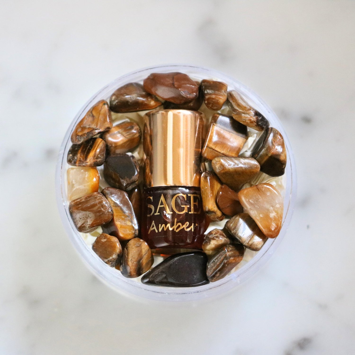.03 oz Mini Roll on Sage Amber Perfume Oil with gemstones, Earthy, Gender Neutral Vegan and Cruelty Free, travel perfume
