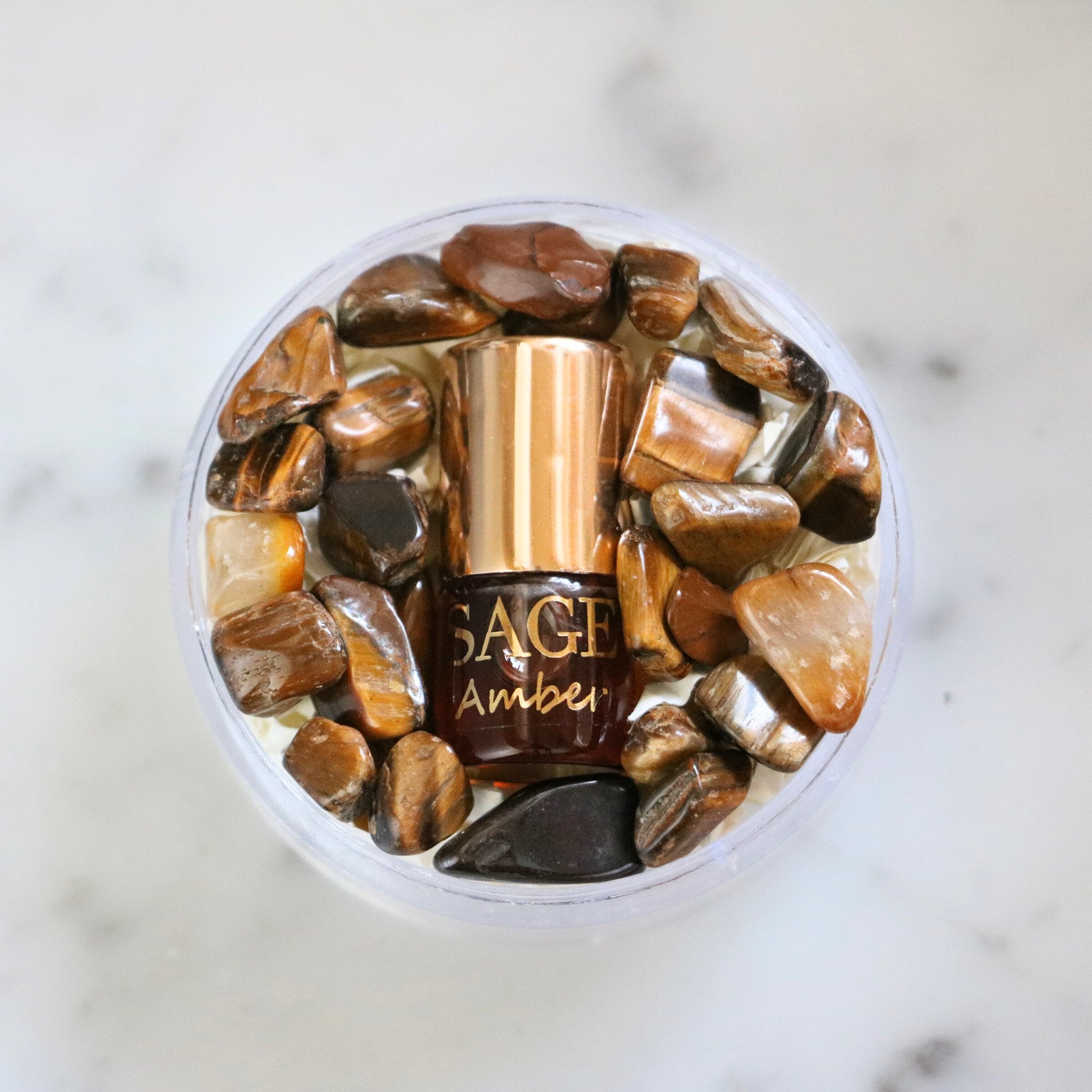 .03 oz Mini Roll on Sage Amber Perfume Oil with gemstones, Earthy, Gender Neutral Vegan and Cruelty Free, travel perfume