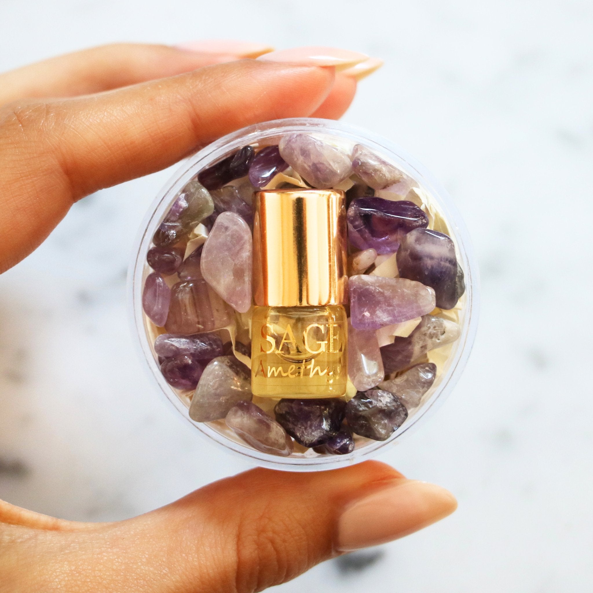 .03 oz Mini Roll on Amethyst Perfume Oil by Sage with gemstones, light floral, Gender Neutral Vegan, Cruelty Free fragrance