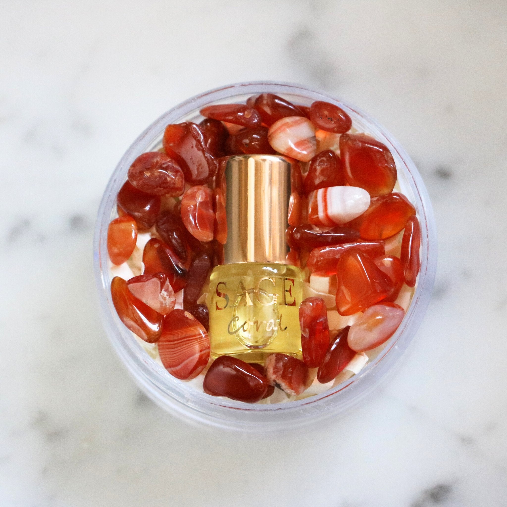 .03 oz Mini Roll on Sage Coral Perfume Oil with gemstones,light floral, Gender Neutral Vegan, Cruelty Free travel size scent