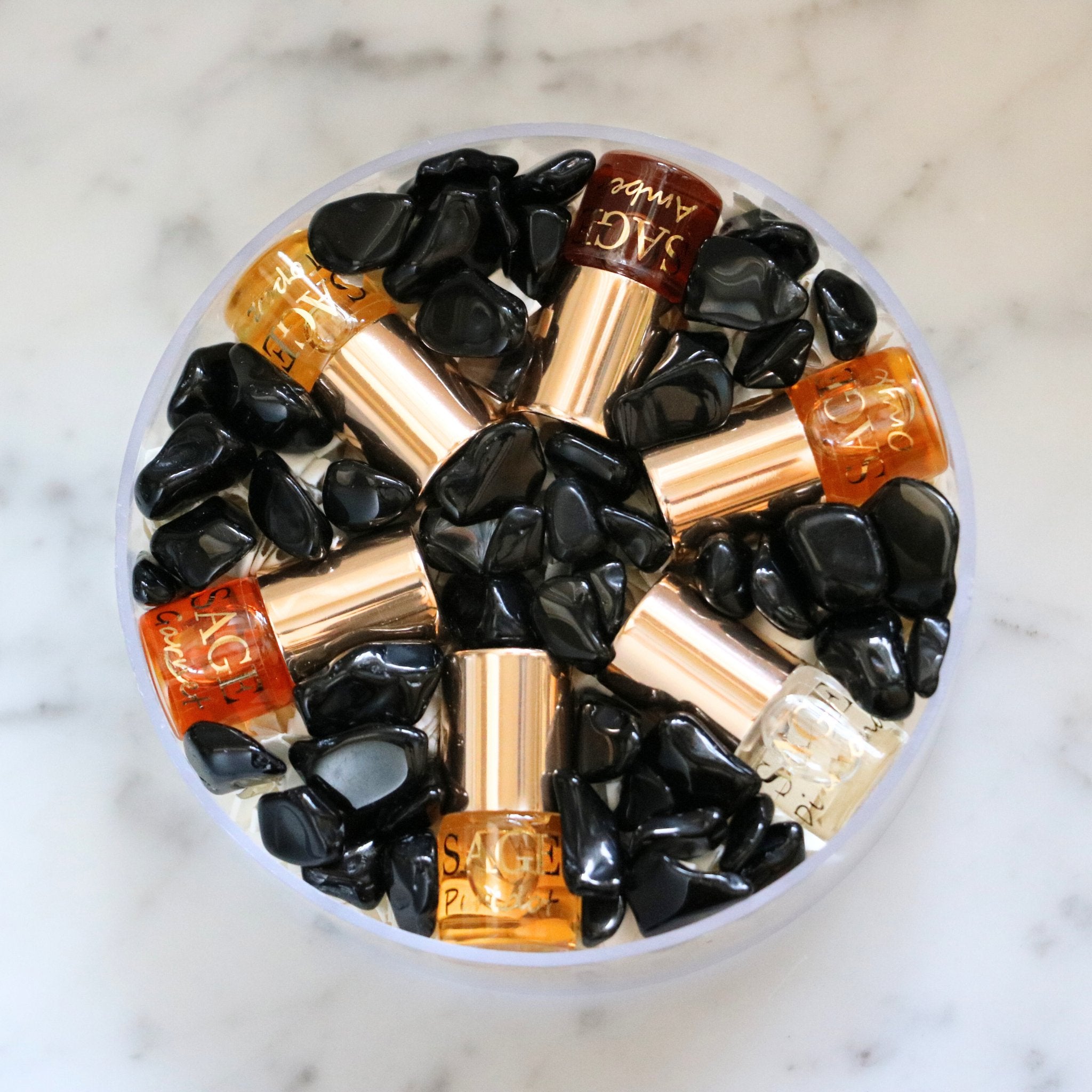 Mini 0.03 oz roll-on perfume oil gift set of 5 with gemstones, Sage discovery set, vegan and gender-neutral fragrances