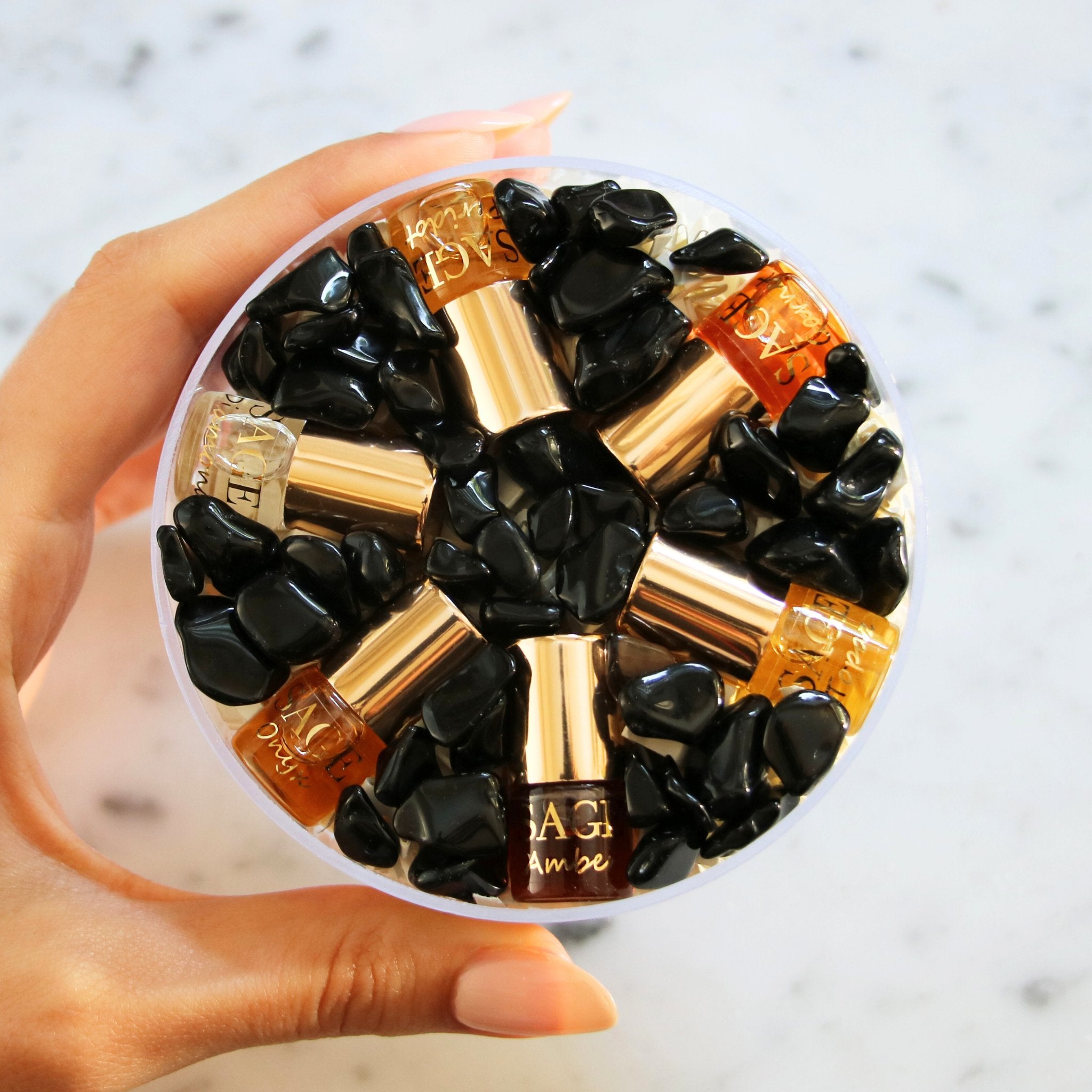 Mini 0.03 oz roll-on perfume oil gift set of 5 with gemstones, Sage discovery set, vegan and gender-neutral fragrances