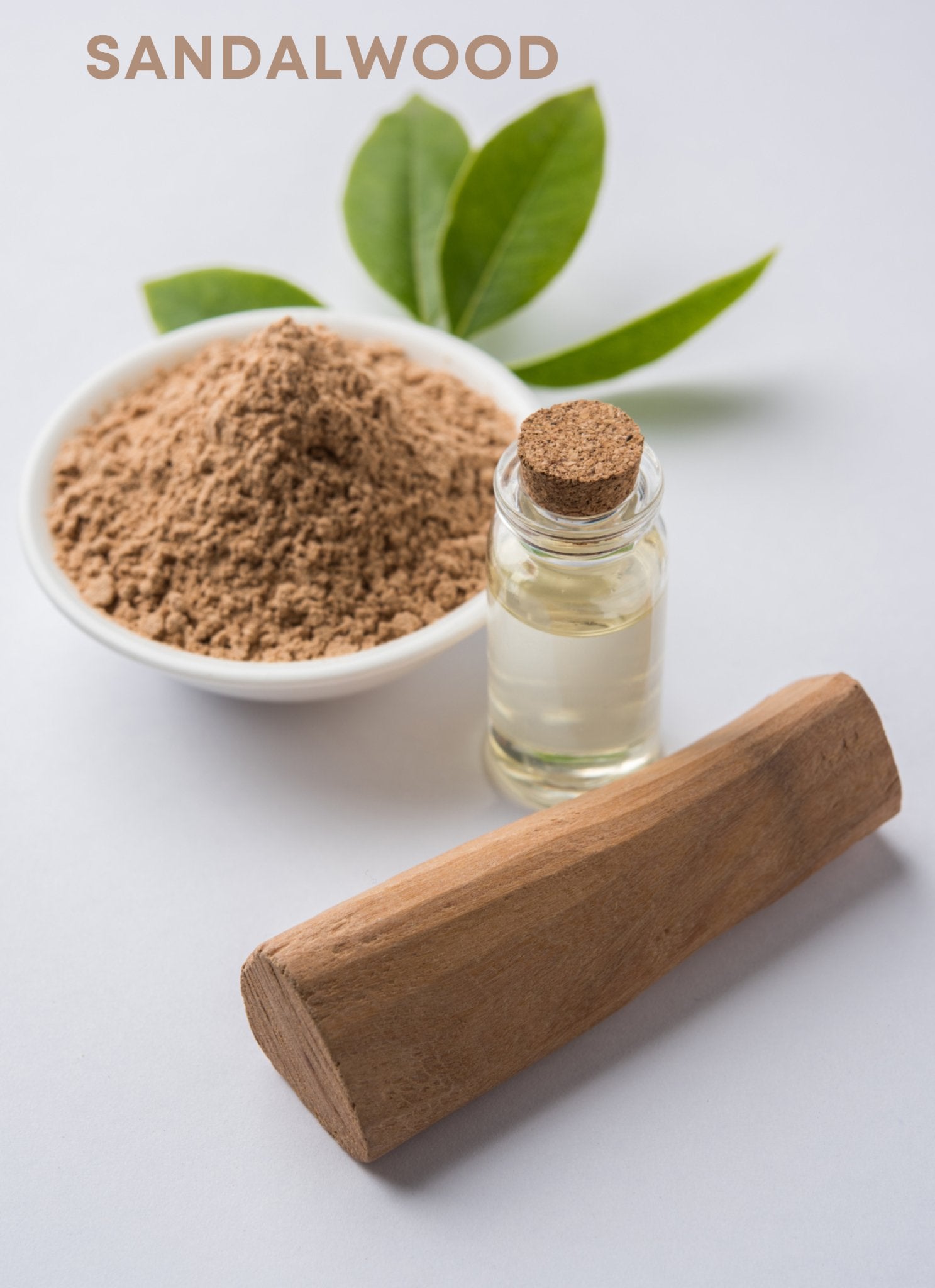 Scent notes include Close-up of rough, textured Indian sandalwood bark with rich tones, highlighting subtle earthy qualities