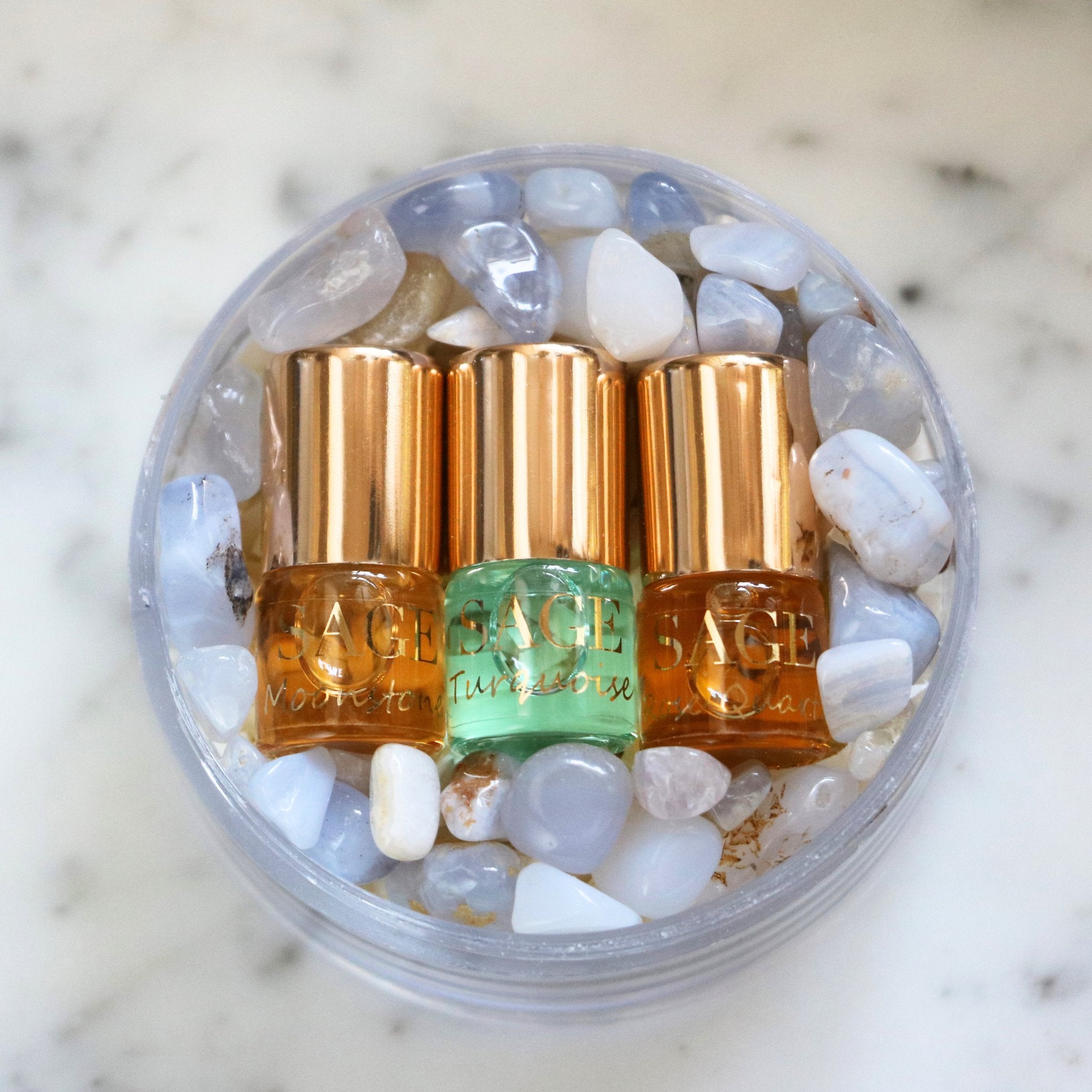 Mini 0.03 oz roll-on perfume oil gift set in box with gemstones, Moonstone, Rose quartz,Turquoise, vegan, cruelty-free fragrance
