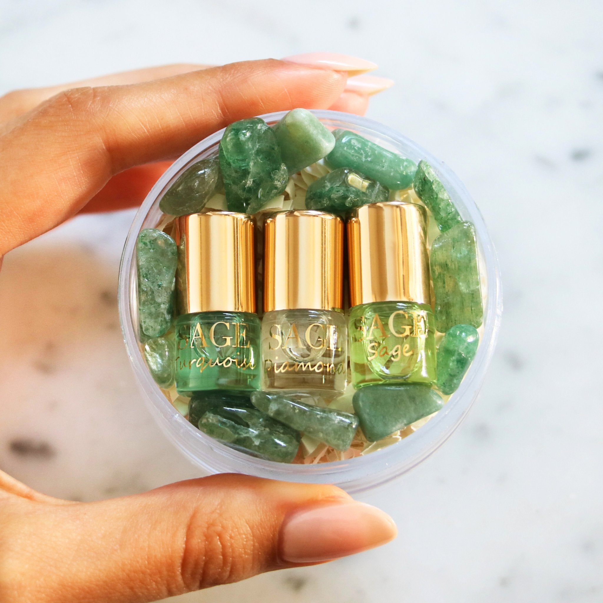 Mini 0.03 oz roll-on perfume oil gift set in box, Turquoise, Diamond, Sage discovery set, vegan, gender-neutral, cruelty-free