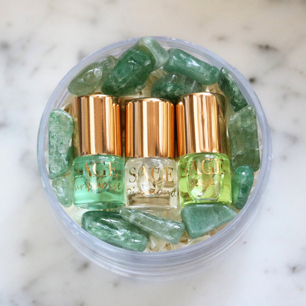 Mini 0.03 oz roll-on perfume oil gift set in box, Turquoise, Diamond, Sage discovery set, vegan, gender-neutral, cruelty-free