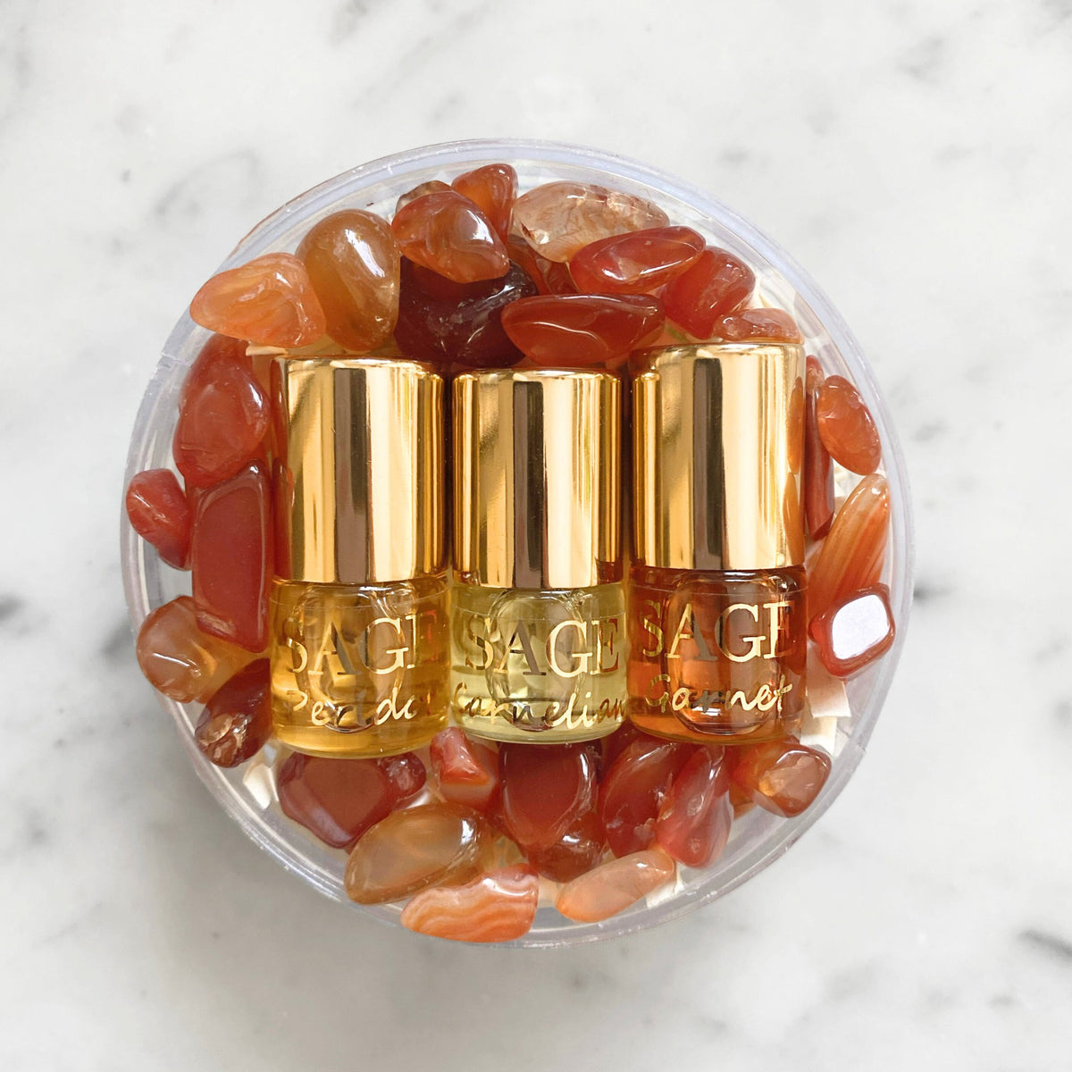 Mini 0.03 oz roll-on perfume oil gift set in box with gemstones, Peridot, Carnelian, Garnet vegan,cruelty-free fruity scents