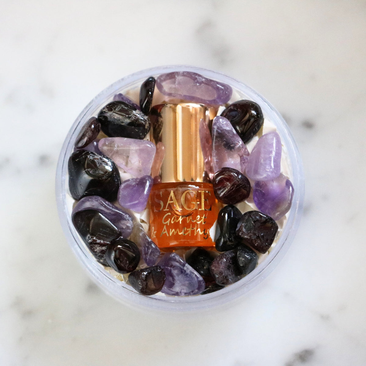 .03 oz Sage Mini Roll on Garnet and Amethyst Perfume Oil, has gemstones, dark floral, unisex, Vegan, Cruelty Free, travel size