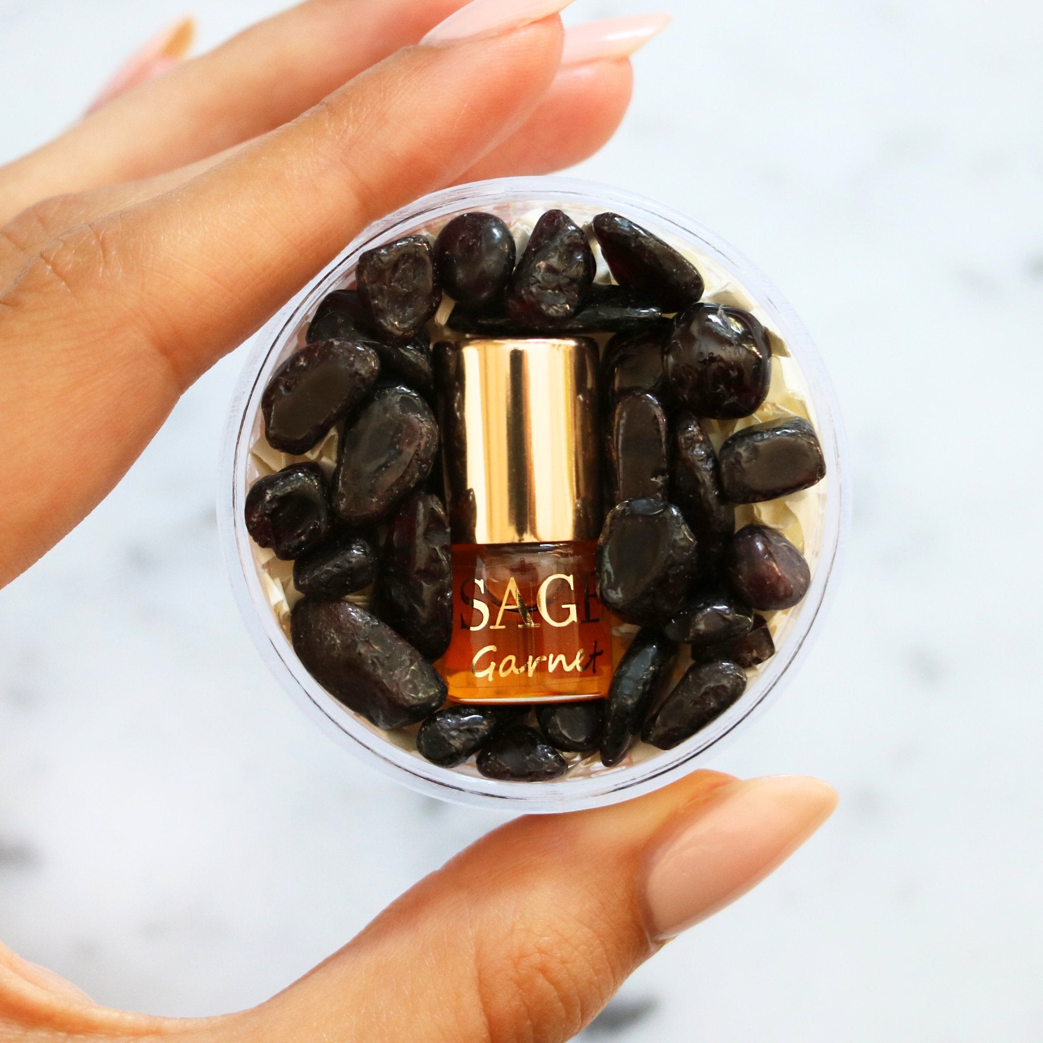 .03 oz Mini Roll on Sage Garnet Perfume Oil with gemstones, Earthy, dark floral, unisex, Vegan, Cruelty Free, travel size