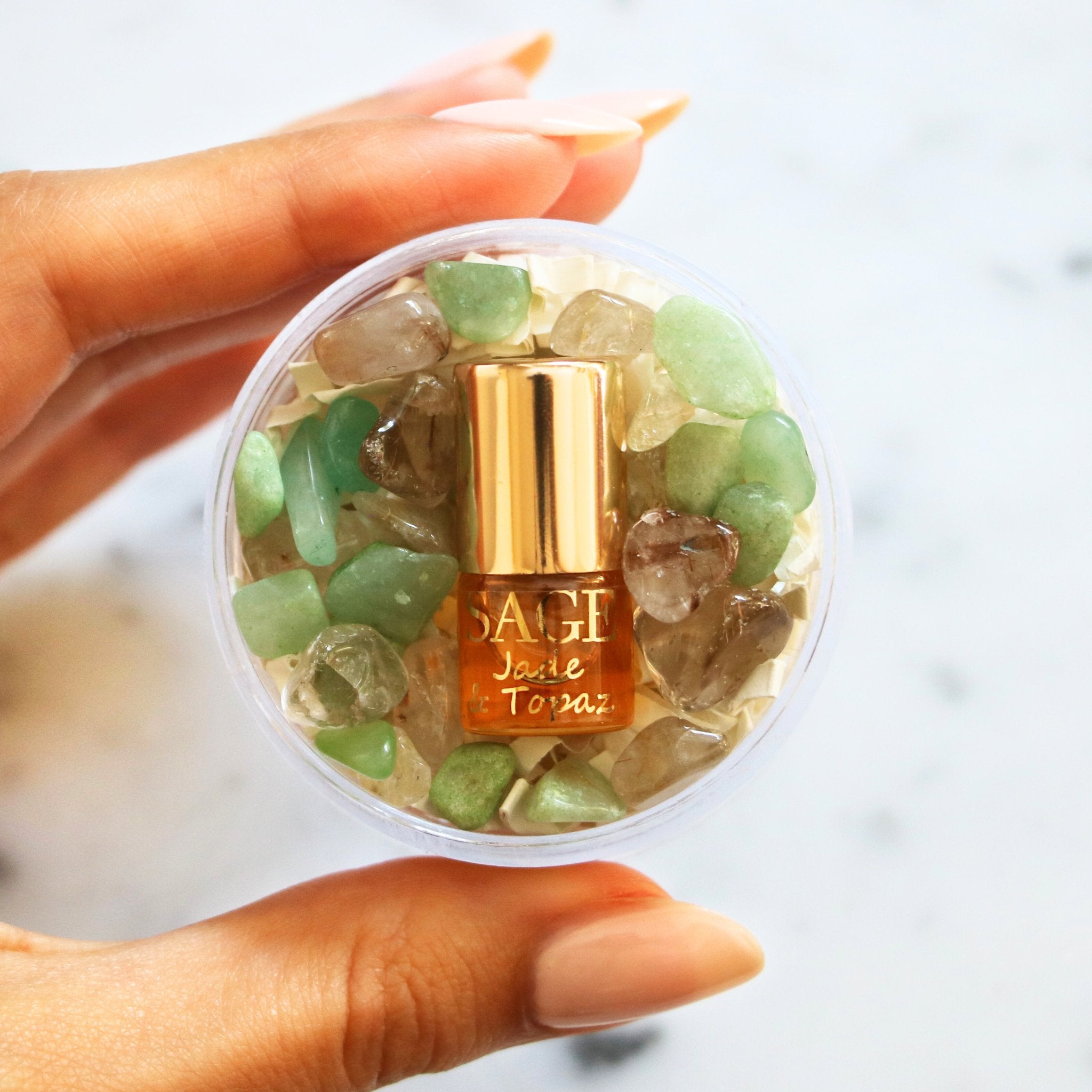 .03 oz Mini Roll on Jade and topaz Perfume Oil by Sage, with gemstones, dark floral, Unisex, Vegan, Cruelty Free, travel size
