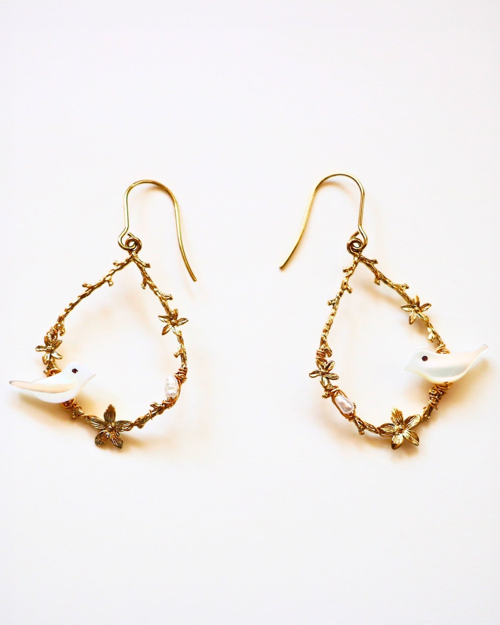 Large Mother of Pearl Songbird Floral Vine Teardrop Gold Earrings by Sage Machado - The Sage Lifestyle
