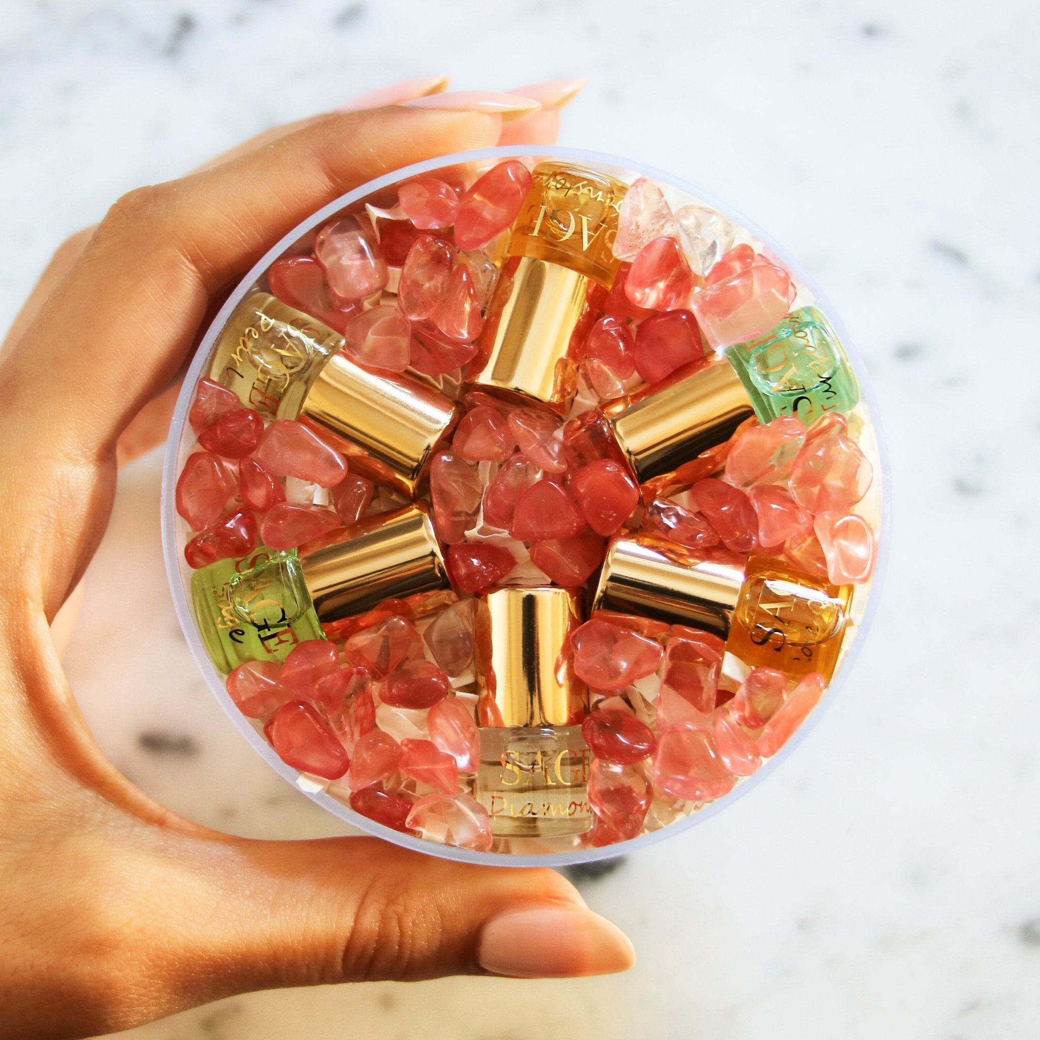 Mini 0.03 oz roll-on perfume oil gift set of 5 with gemstones, Sage discovery set, vegan, cruelty-free fragrances