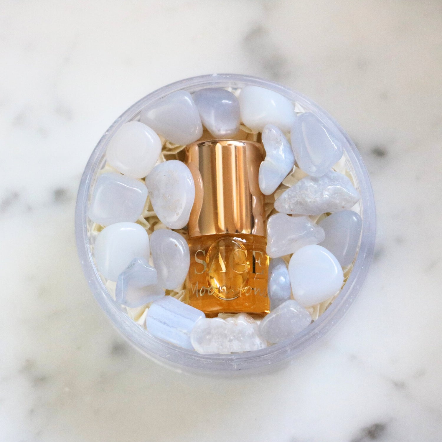 .03 oz Mini Roll on Sage Moonstone Perfume Oil with gemstones, light floral, Gender Neutral,Vegan,Cruelty Free, travel size
