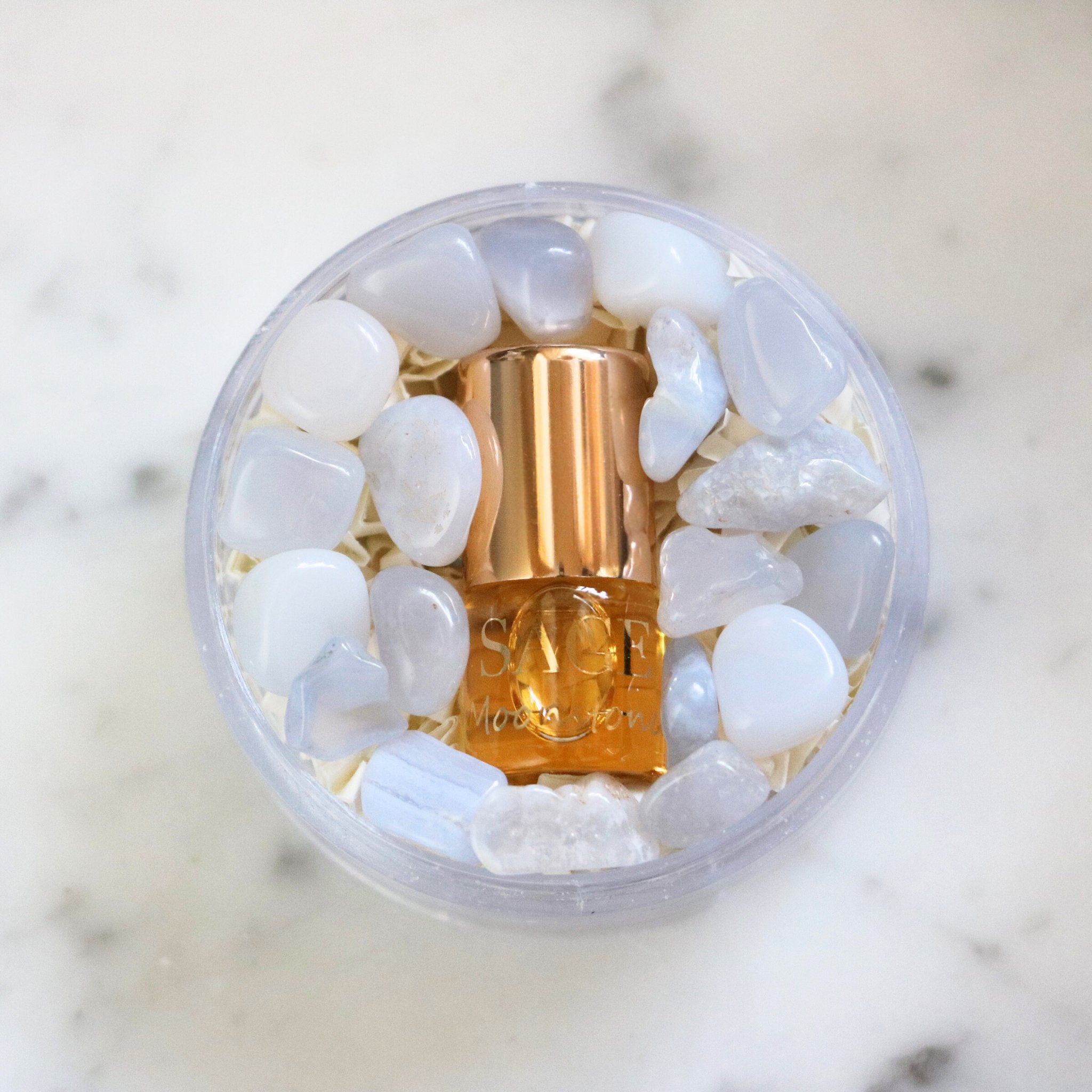 .03 oz Mini Roll on Sage Moonstone Perfume Oil with gemstones, light floral, Gender Neutral,Vegan,Cruelty Free, travel size