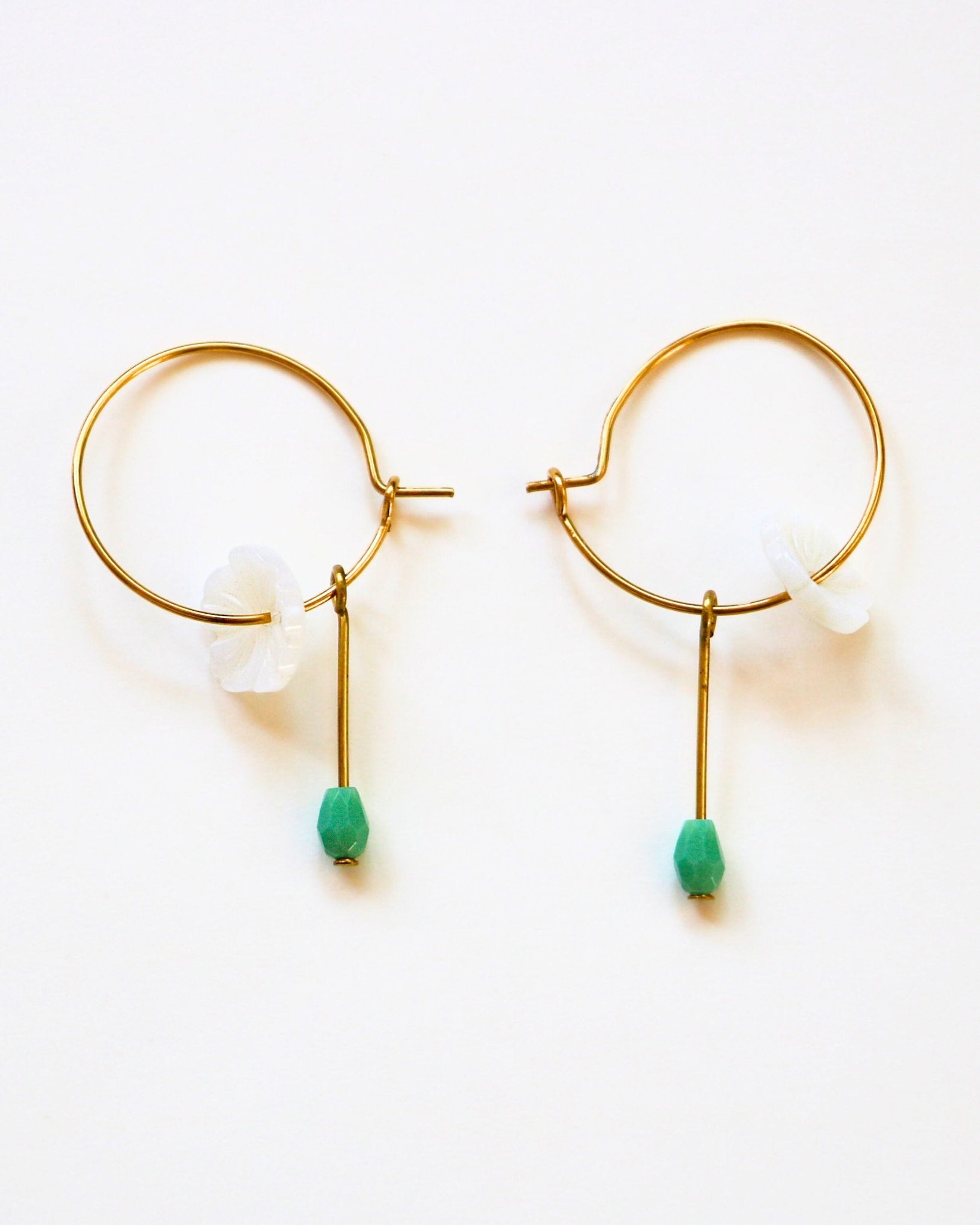 Mother of Pearl Flower Hoops with Green Hydro Quartz Drop Gold Earrings by Sage Machado - The Sage Lifestyle