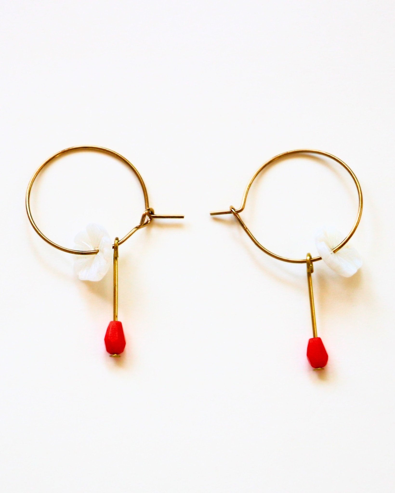 Mother of Pearl Flower Hoops with Red Hydro Quartz Drop Gold Earrings by Sage Machado - The Sage Lifestyle