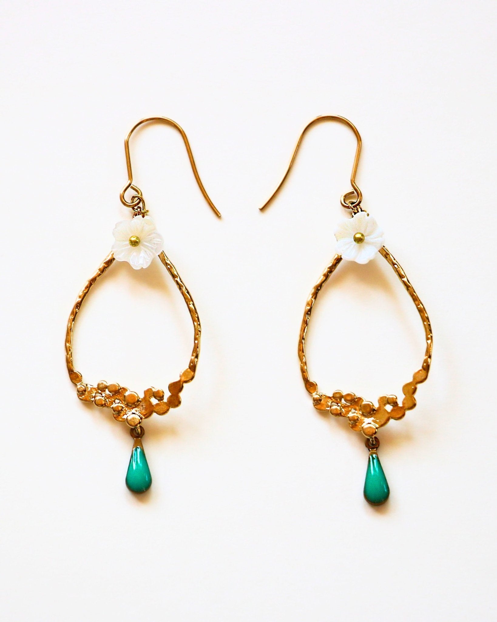 Mother of Pearl Framed Floral Teardrop with Turquoise Enamel Charm Gold Earrings by Sage Machado - The Sage Lifestyle