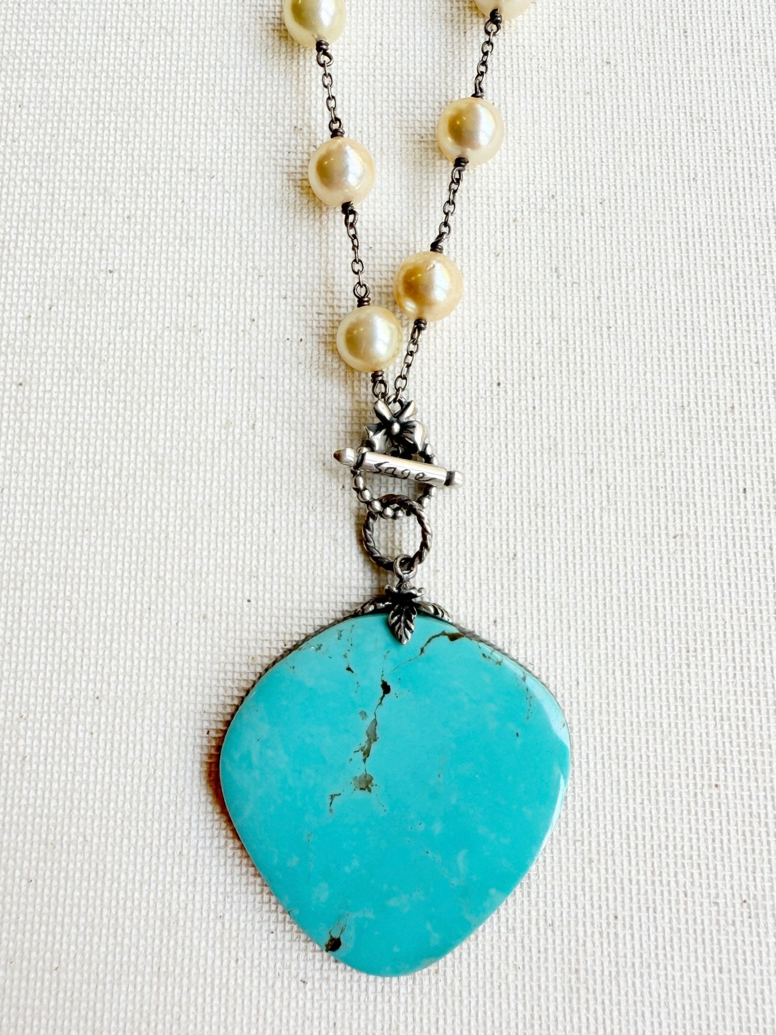 One of a Kind Vintage Arizona Turquoise, Sterling Silver and Cultured Pearl Necklace by Sage Machado - The Sage Lifestyle