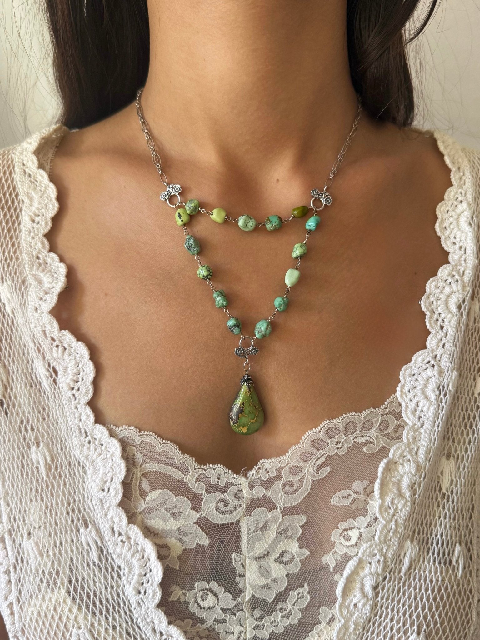 One of a Kind Vintage Arizona Turquoise, Sterling Silver and Gaspeite Necklace by Sage Machado - The Sage Lifestyle