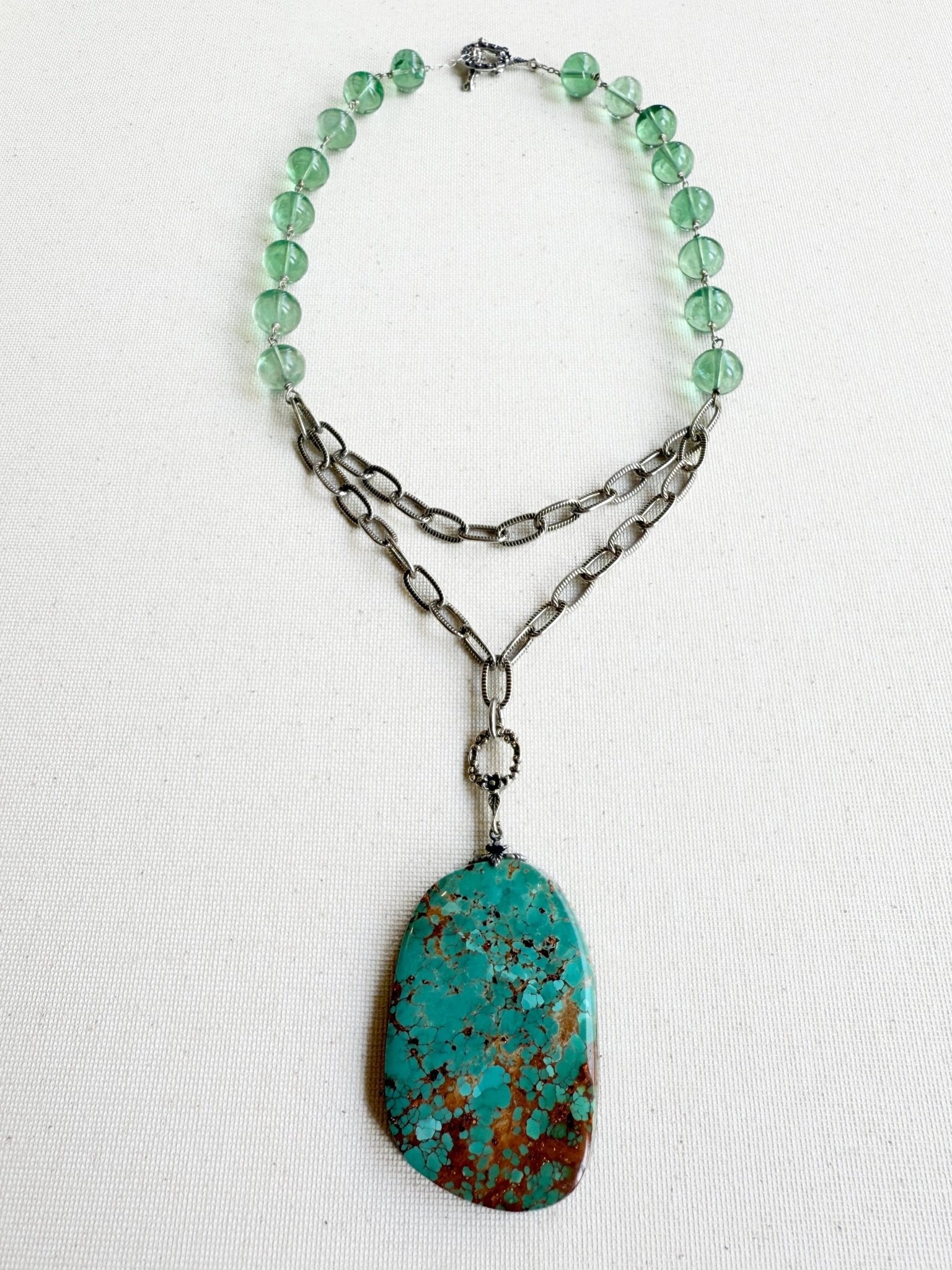 One of a Kind Vintage Arizona Turquoise, Sterling Silver and Green Fluorite Necklace by Sage Machado - The Sage Lifestyle