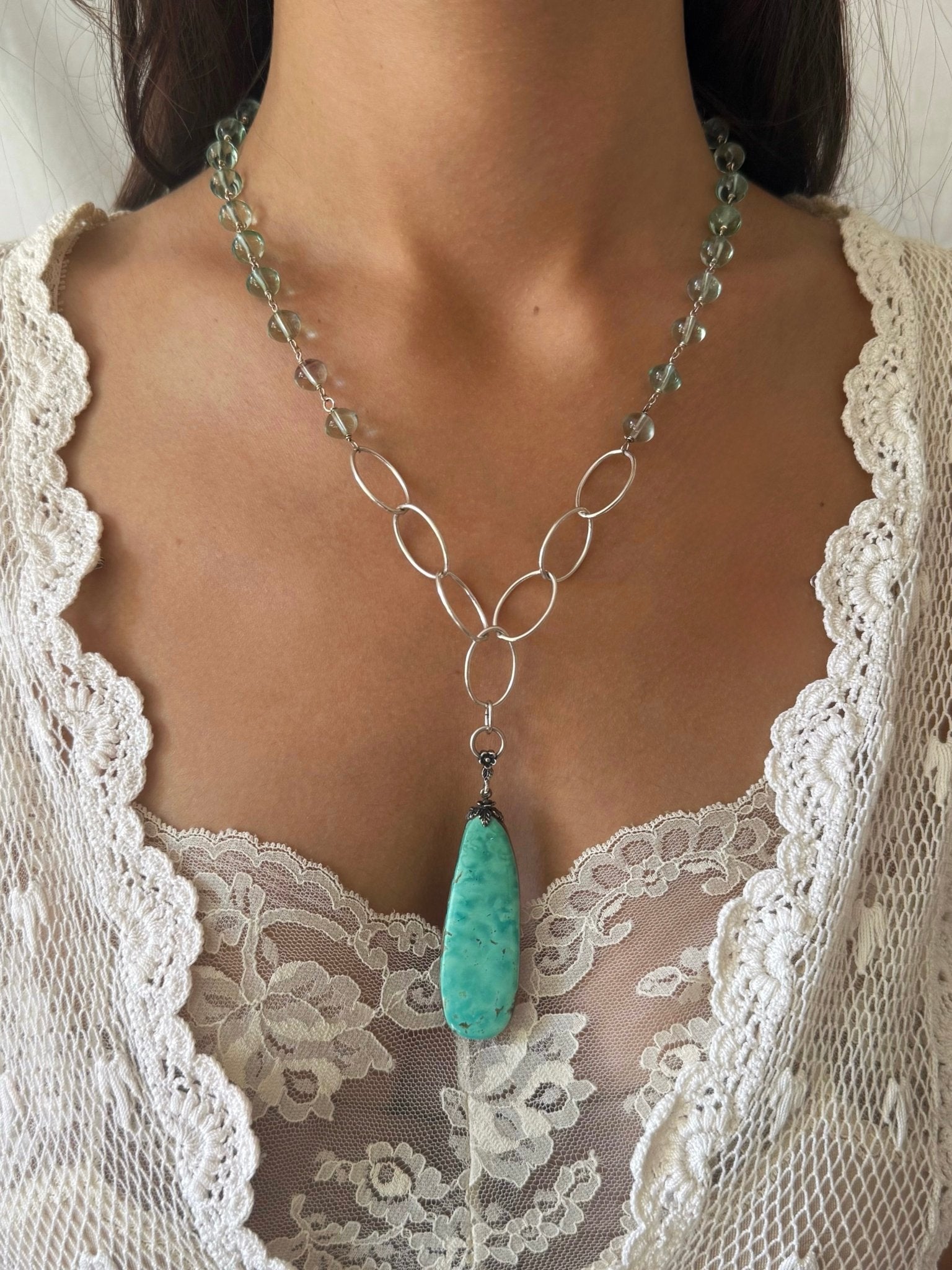 One of a Kind Vintage Arizona Turquoise, Sterling Silver and Green Fluorite Necklace by Sage Machado - The Sage Lifestyle