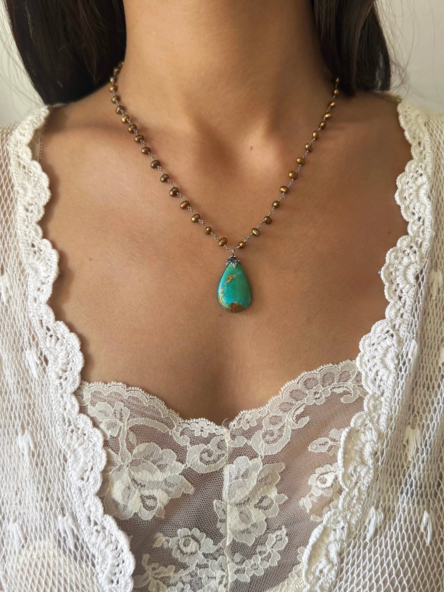 One of a Kind Vintage Arizona Turquoise, Sterling Silver and Pearl Necklace by Sage Machado - The Sage Lifestyle