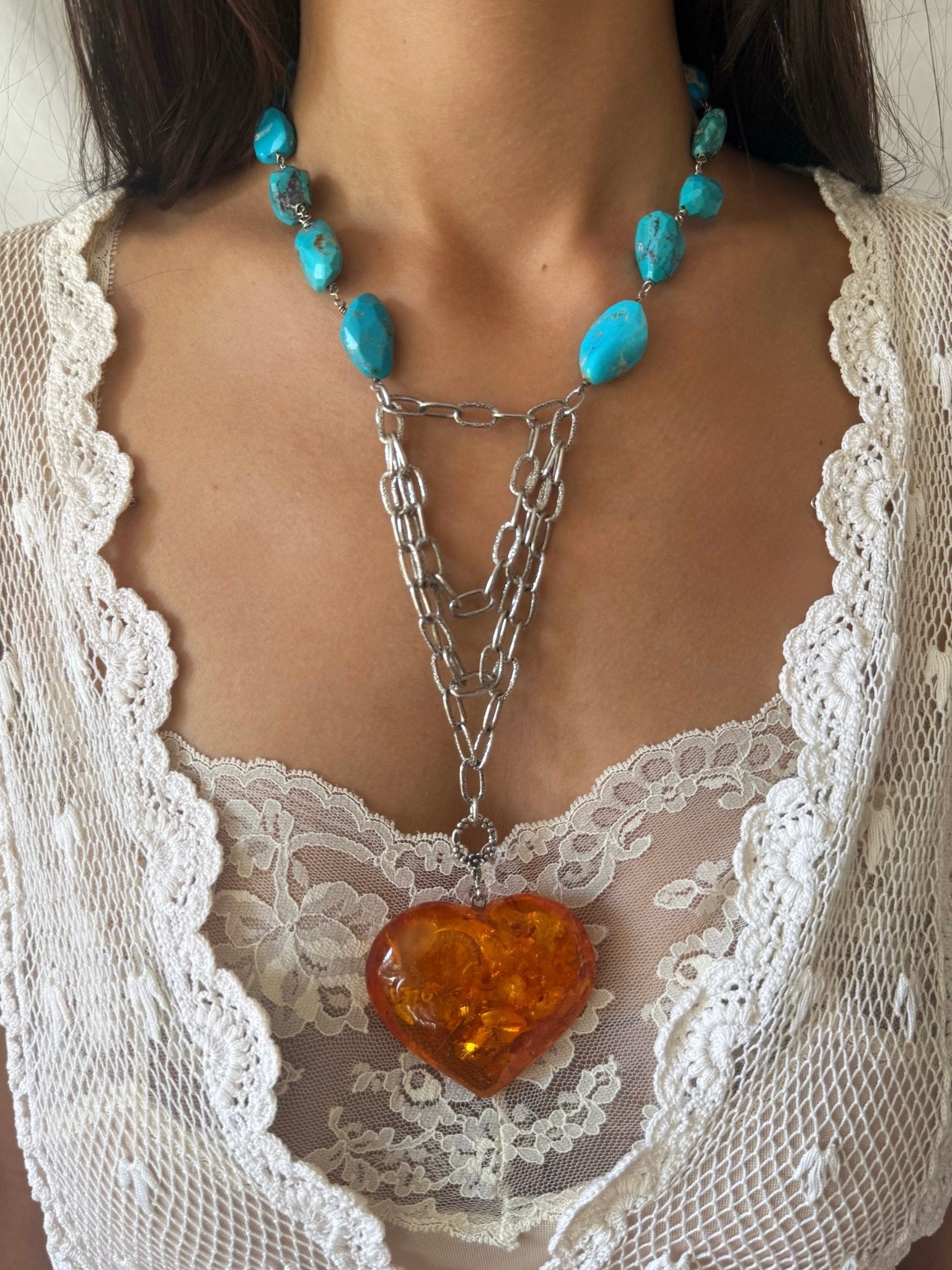 One of a Kind Vintage Arizona Turquoise with Baltic Amber Heart and Sterling Silver Necklace by Sage Machado - The Sage Lifestyle