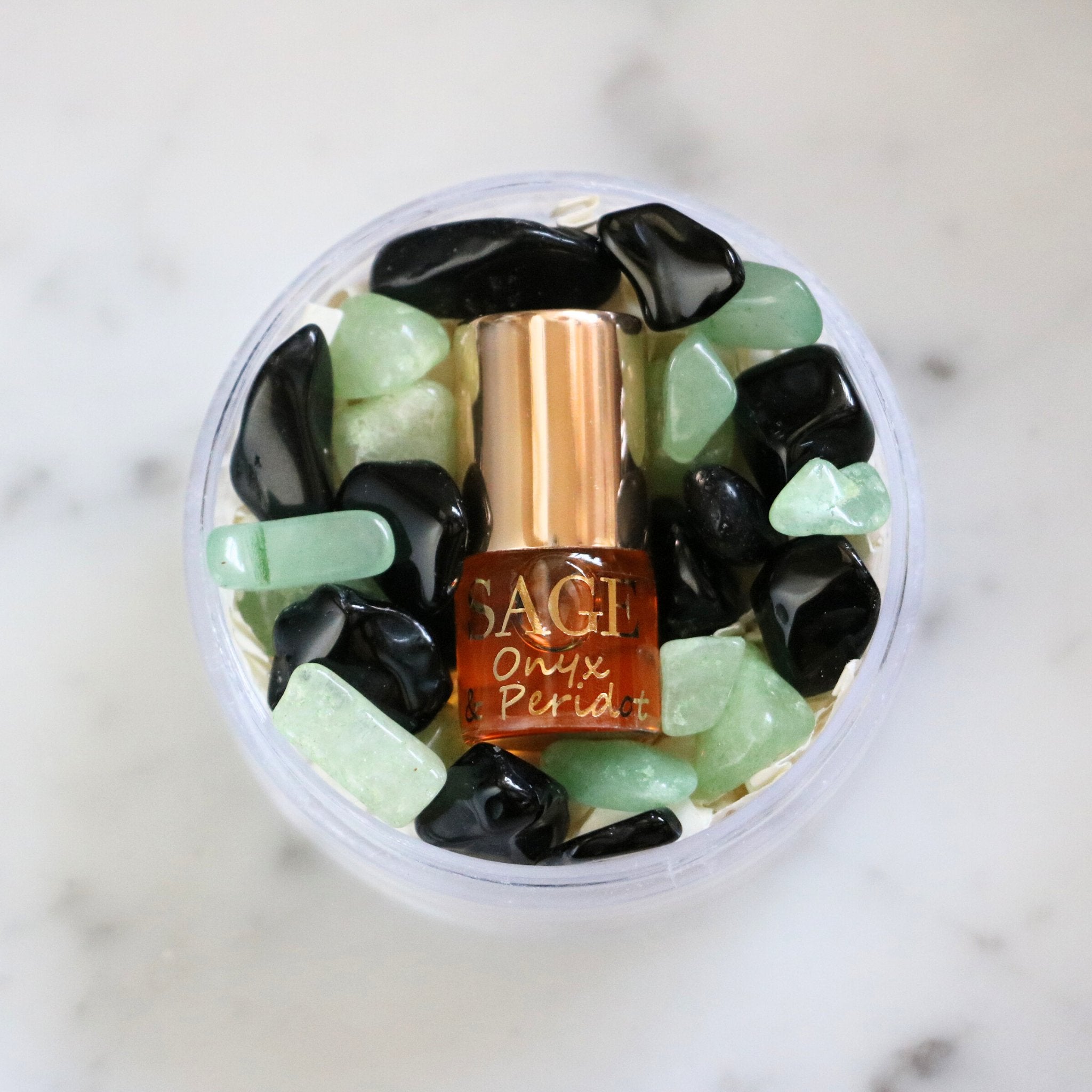 .03 oz Mini Roll on Sage Onyx Peridot Perfume Oil with gemstones, Earthy, Gender Neutral, Vegan, Cruelty Free, travel scent