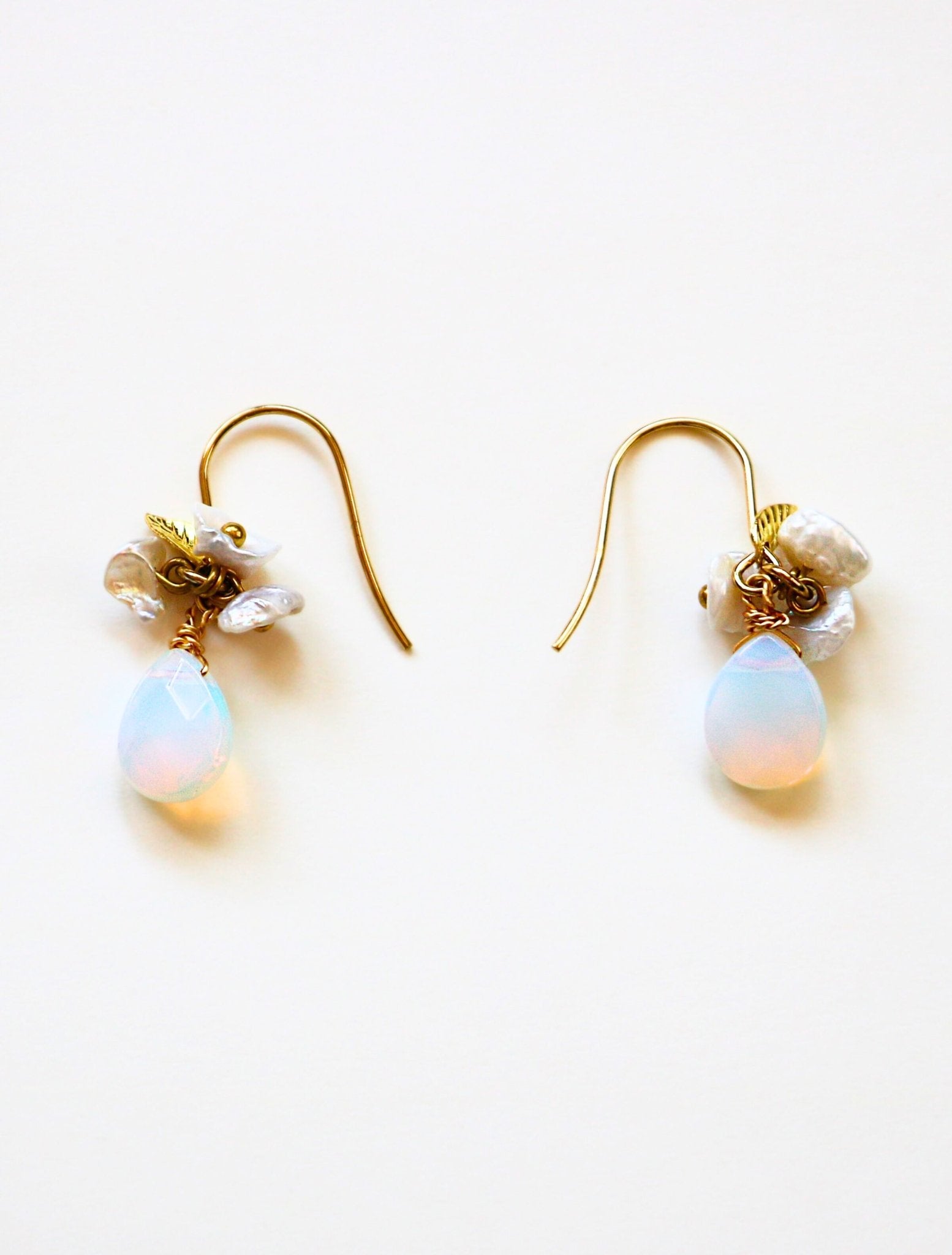 Opalite and Japanese Keshi Pearl Cluster Teardrop Charm Gold Earrings by Sage Machado - The Sage Lifestyle