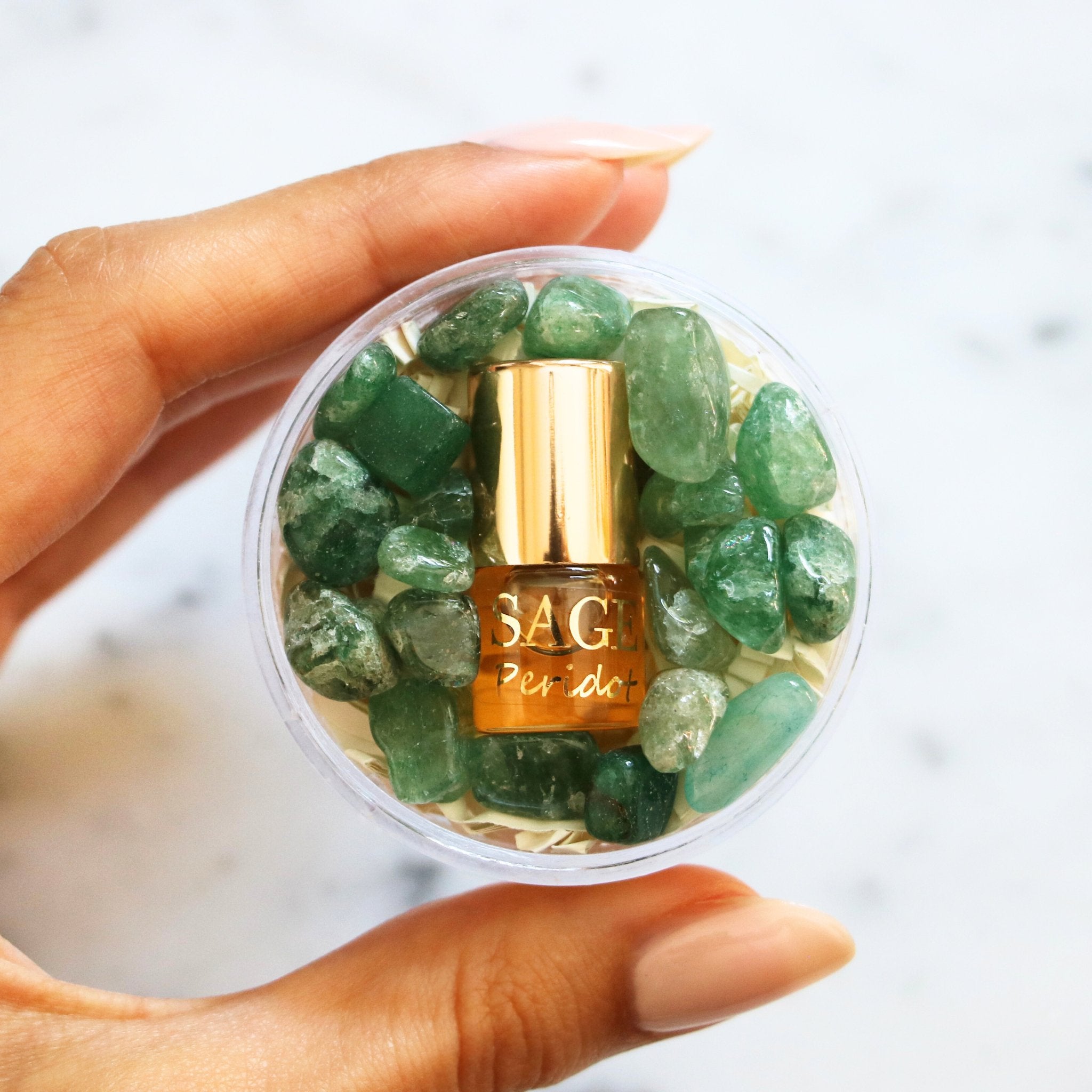 .03 oz Mini Roll on Sage Peridot Perfume Oil has gemstones, fresh, fruity, Gender Neutral, Vegan, Cruelty Free travel perfume