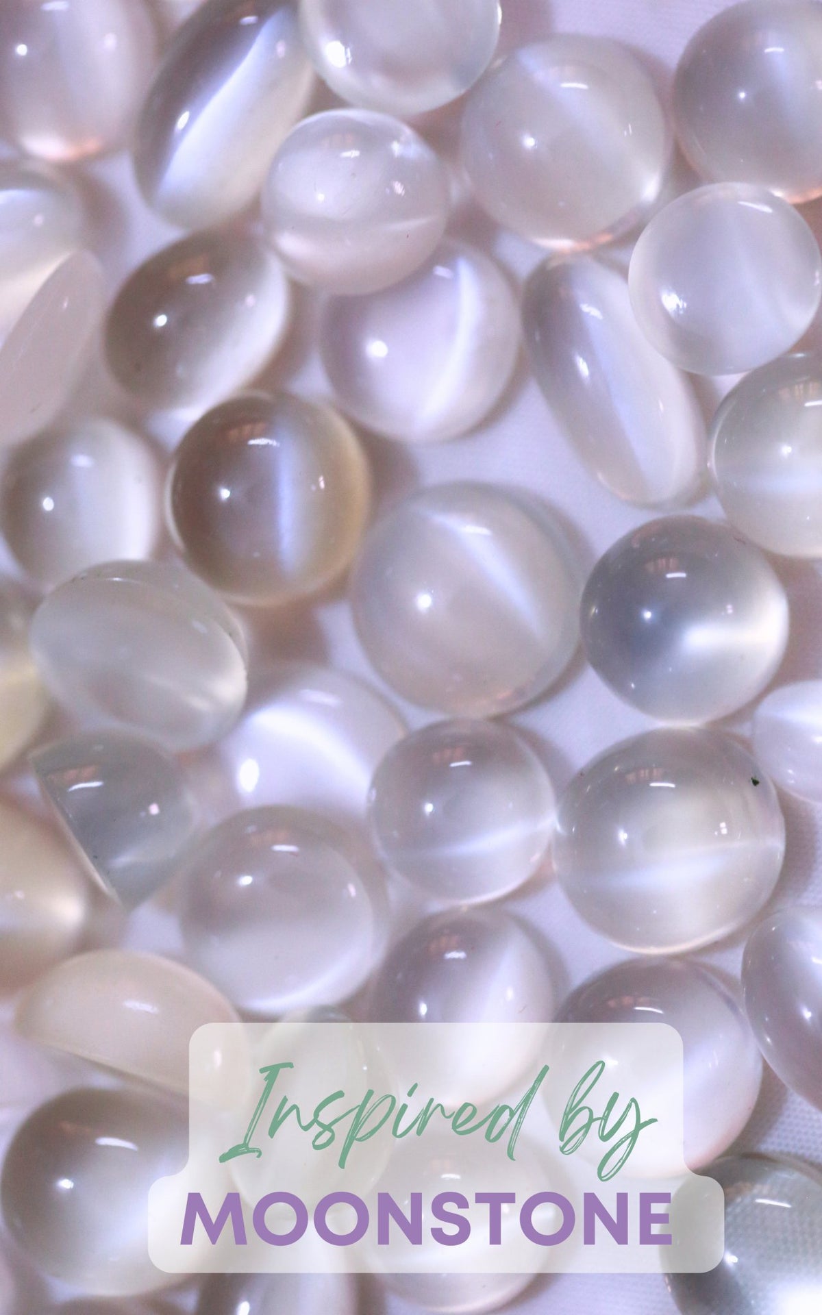 Moonstone-inspired fragrance with a design that captures the soft, opalescent glow and smooth finish of polished moonstones