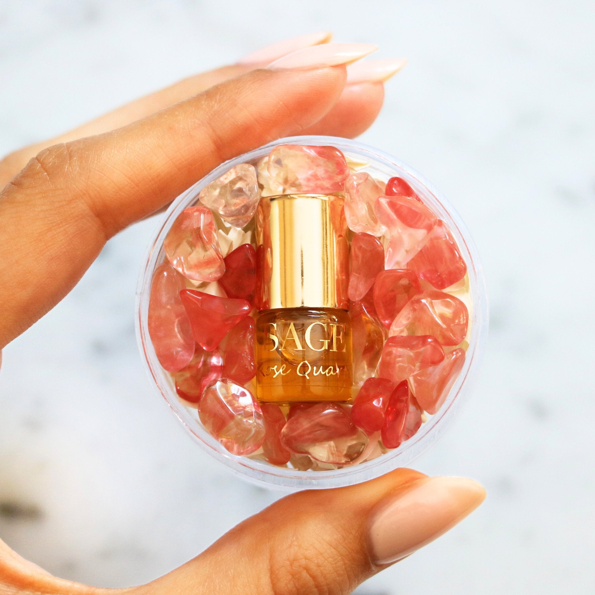 .03 oz Mini Roll on Sage Rose Quartz Perfume Oil with gemstones, Floral, Gender Neutral Vegan,Cruelty Free, travel perfume