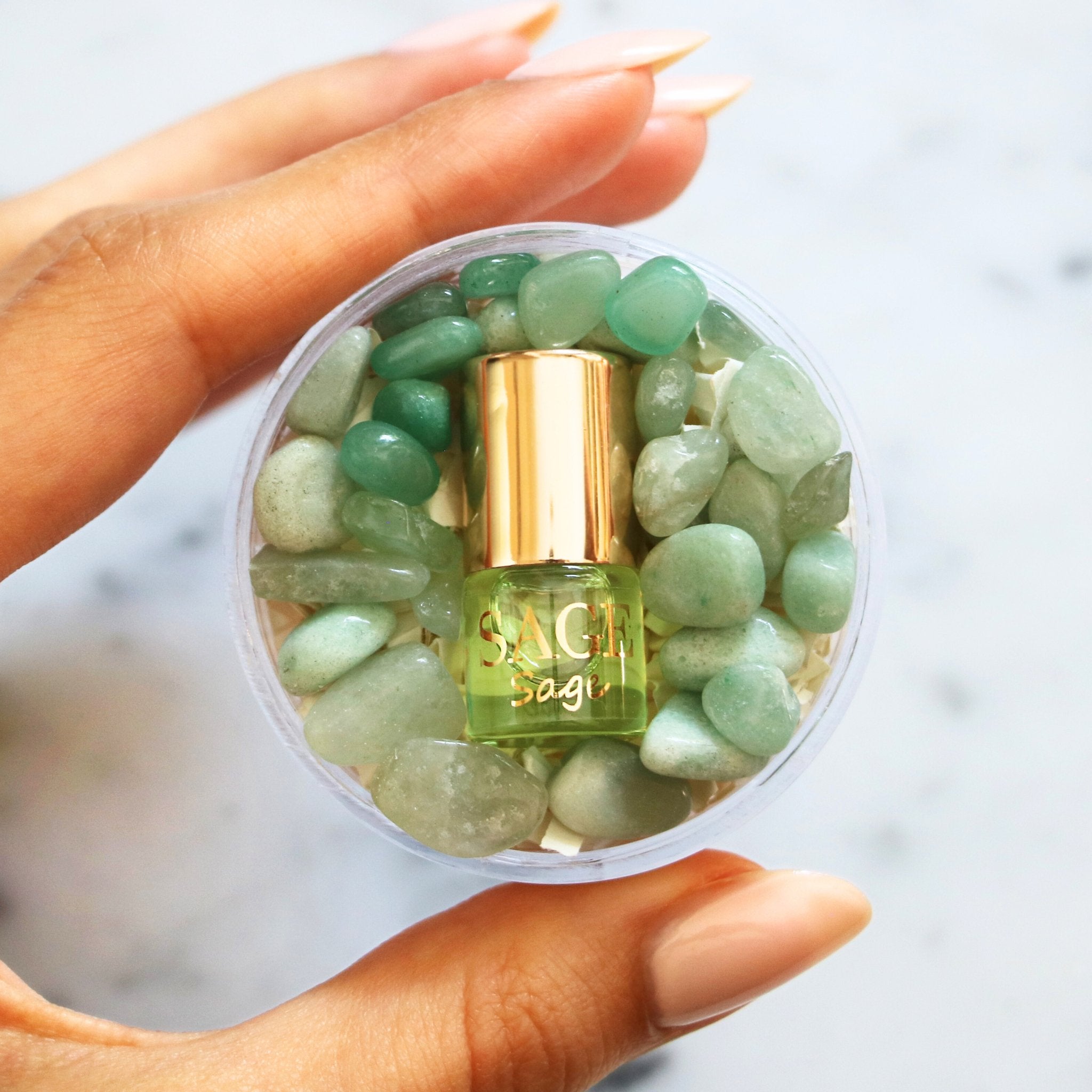 .03 oz Mini Roll on Sage Perfume Oil by Sage Machado, with gemstones, fresh, Gender Neutral, Vegan, Cruelty Free, travel size
