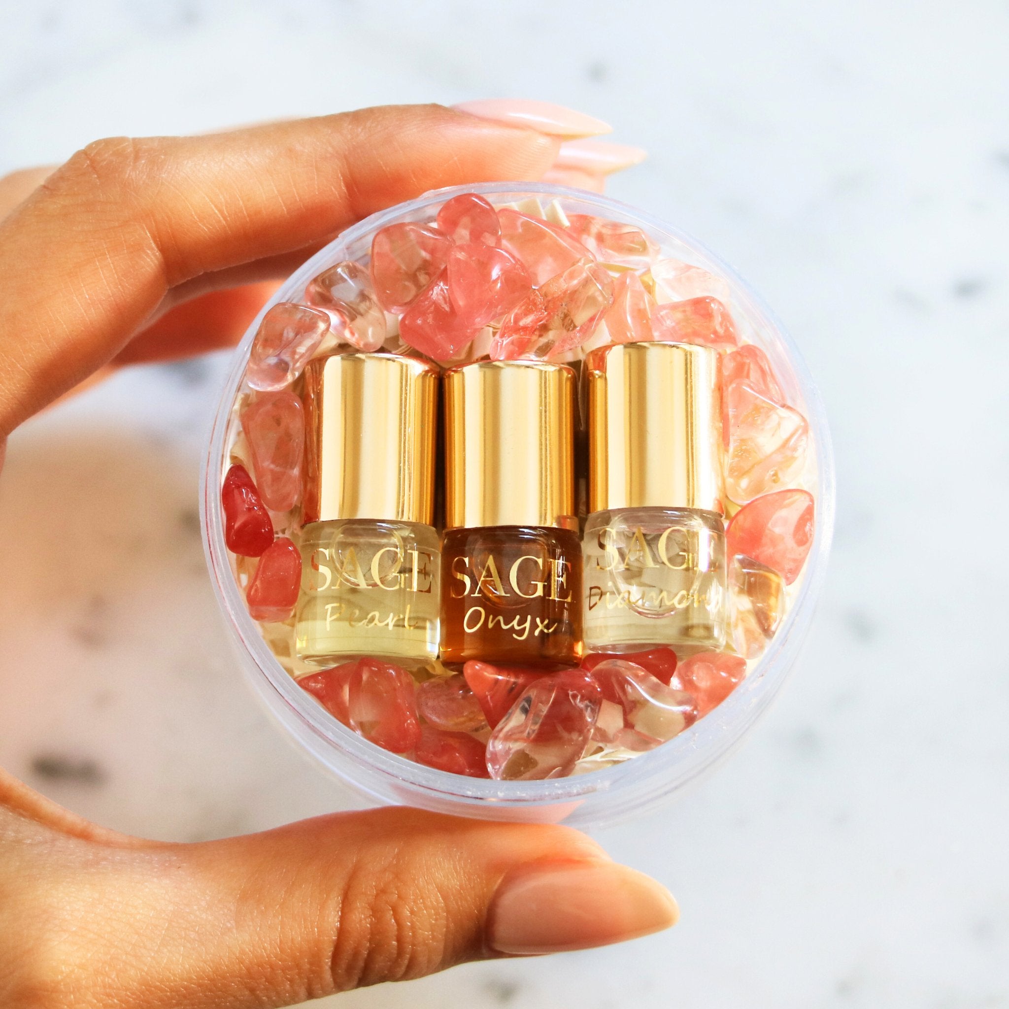 Mini 0.03 oz roll-on perfume oil gift set with gemstones: Diamond, Onyx, Pearl by Sage, vegan, cruelty-free, subtle fragrance