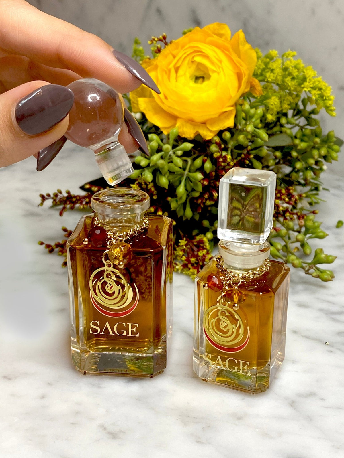 1/4 oz , 1/2 oz Sage Amber & Carelian perfume oil Vanity Bottles with gemstones, earthy, gender neutral, Vegan, Cruelty Free