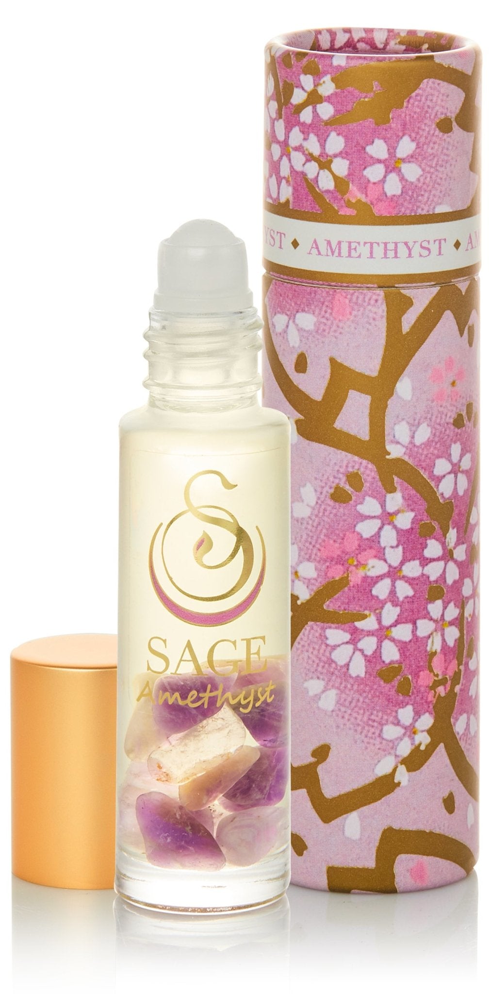 1/4 oz roll on Sage Amethyst Perfume Oil,with gemstones, reusable box, light floral, Gender Neutral Vegan, Cruelty free scent
