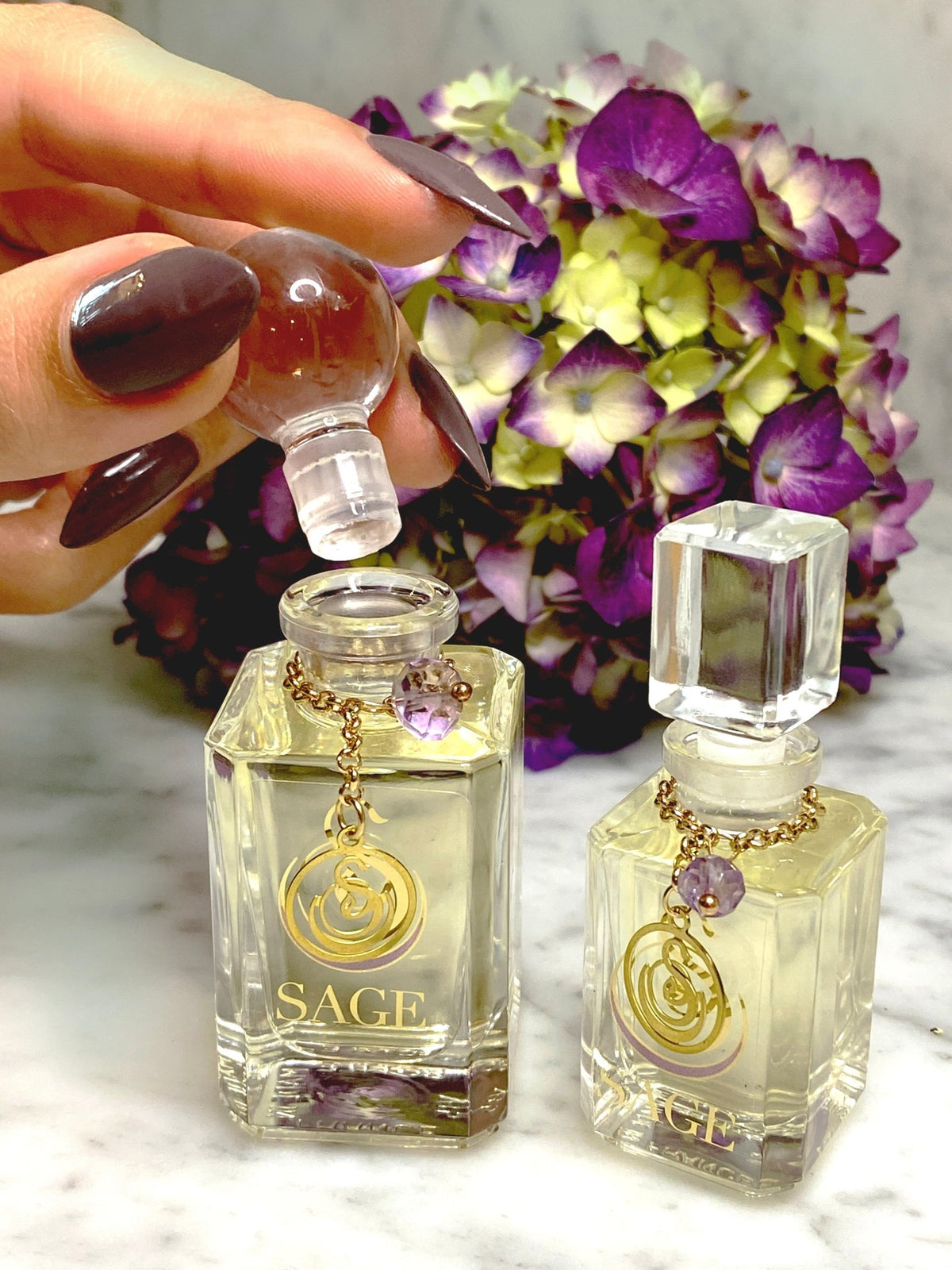 1/4 oz, 1/2 oz Sage Amethyst Perfume Oil Vanity Bottles with gemstones, light floral, Gender Neutral, Vegan, and Cruelty Free