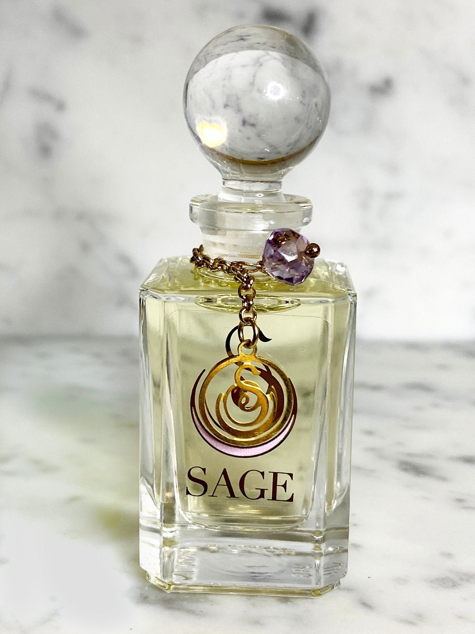 1/2 oz Sage Amethyst Perfume Oil Vanity Bottle with gemstones, light floral, Gender Neutral, Vegan, and Cruelty Free Fragrance