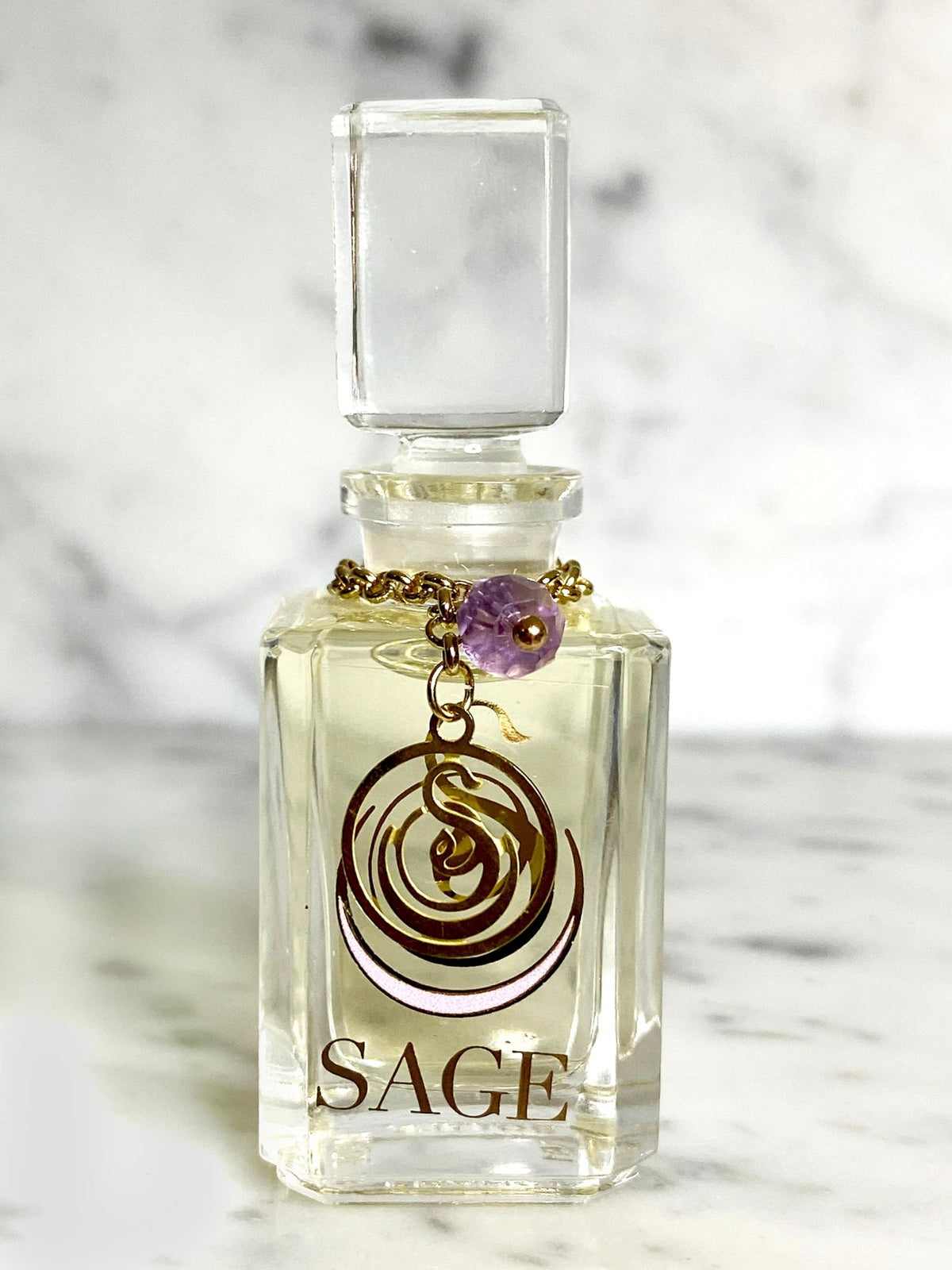 1/4 oz Sage Amethyst Perfume Oil Vanity Bottle with gemstones, light floral, Gender Neutral, Vegan, and Cruelty Free Fragrance