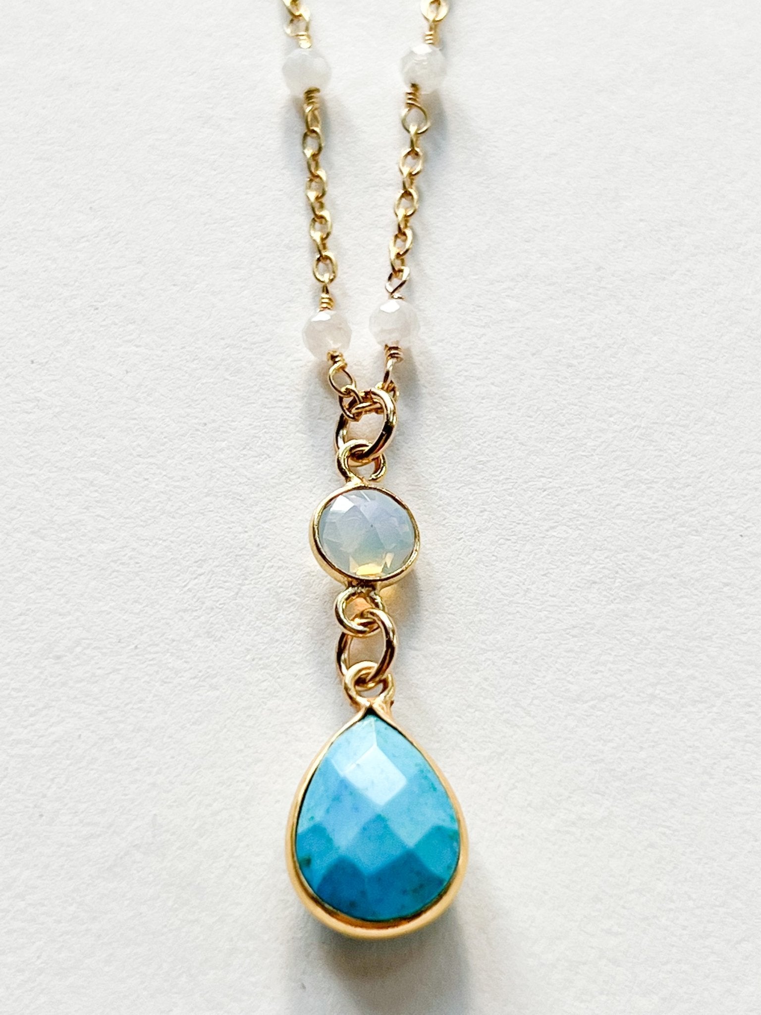 Arizona Turquoise and Opalite Double Drop Pear Shaped Pendant Necklace on Gold Chain with Blue Lace Agate by Sage Machado - The Sage Lifestyle