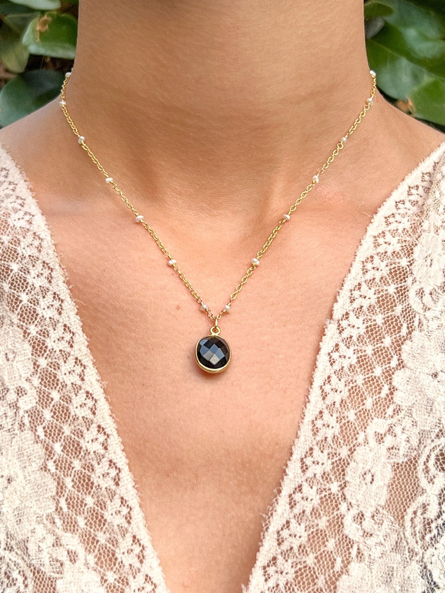 Black Onyx Oval Charm Necklace on Gold Chain with White Freshwater Pearls by Sage Machado - The Sage Lifestyle