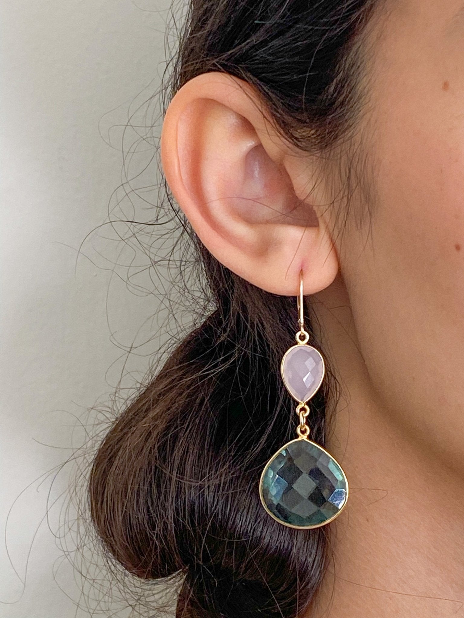 Blue Topaz and Rose Quartz Double Teardrop Gold Earrings by Sage Machado - The Sage Lifestyle