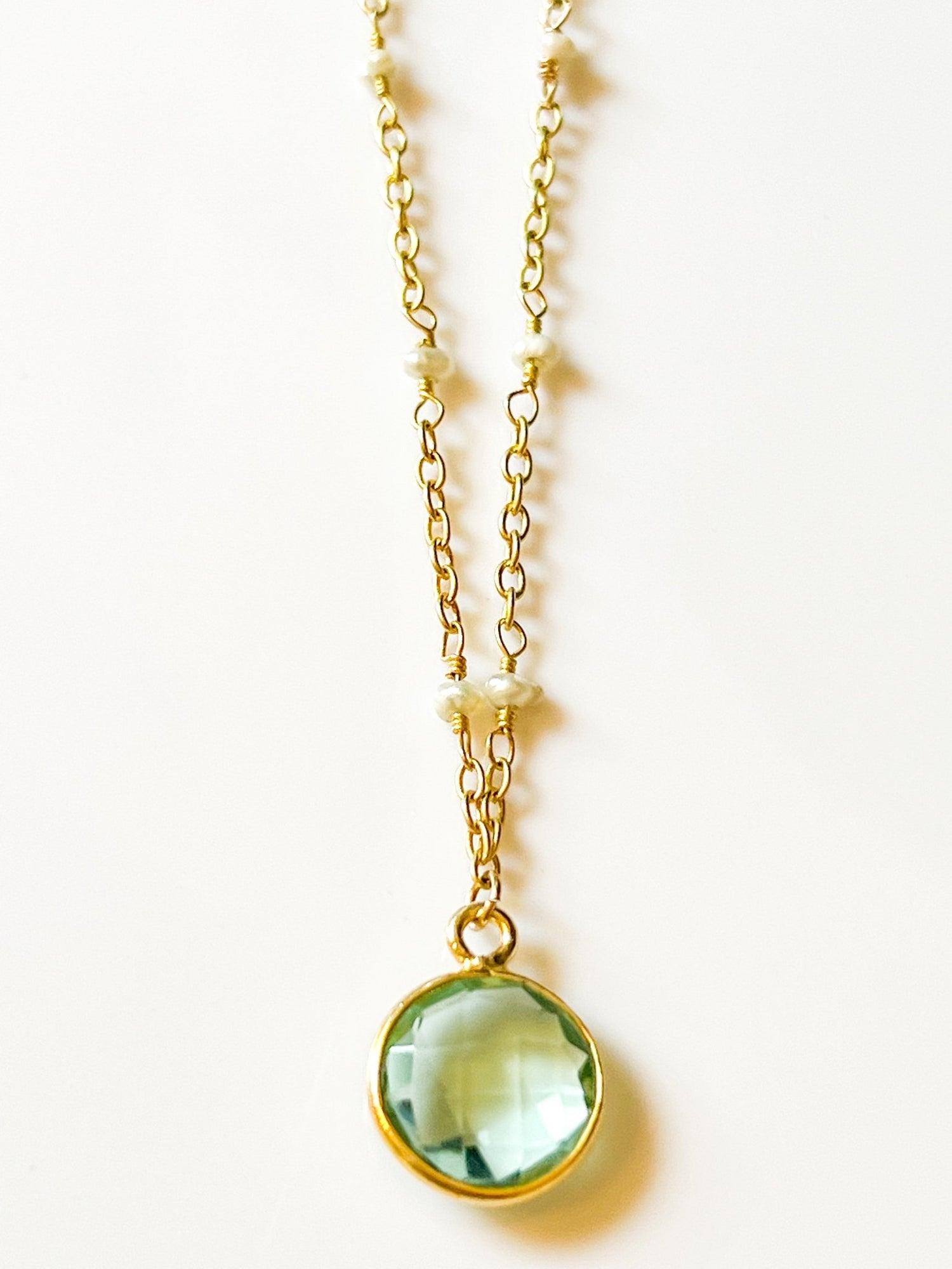 Blue Topaz Charm Drop Necklace on Gold Chain with Freshwater Pearls by Sage Machado - The Sage Lifestyle