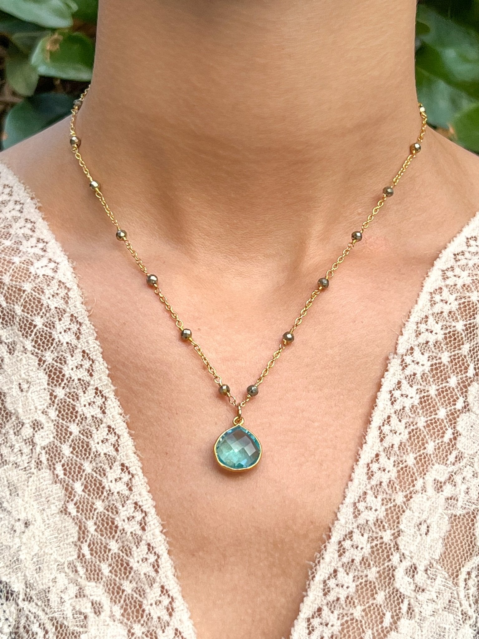 Blue Topaz Teardrop Charm Necklace on Gold Chain with Golden Pyrite by Sage Machado - The Sage Lifestyle