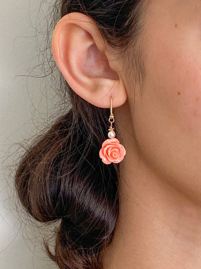 Coral Rose Peking Glass Gold Charm Earrings with Freshwater Pearls by Sage Machado - The Sage Lifestyle
