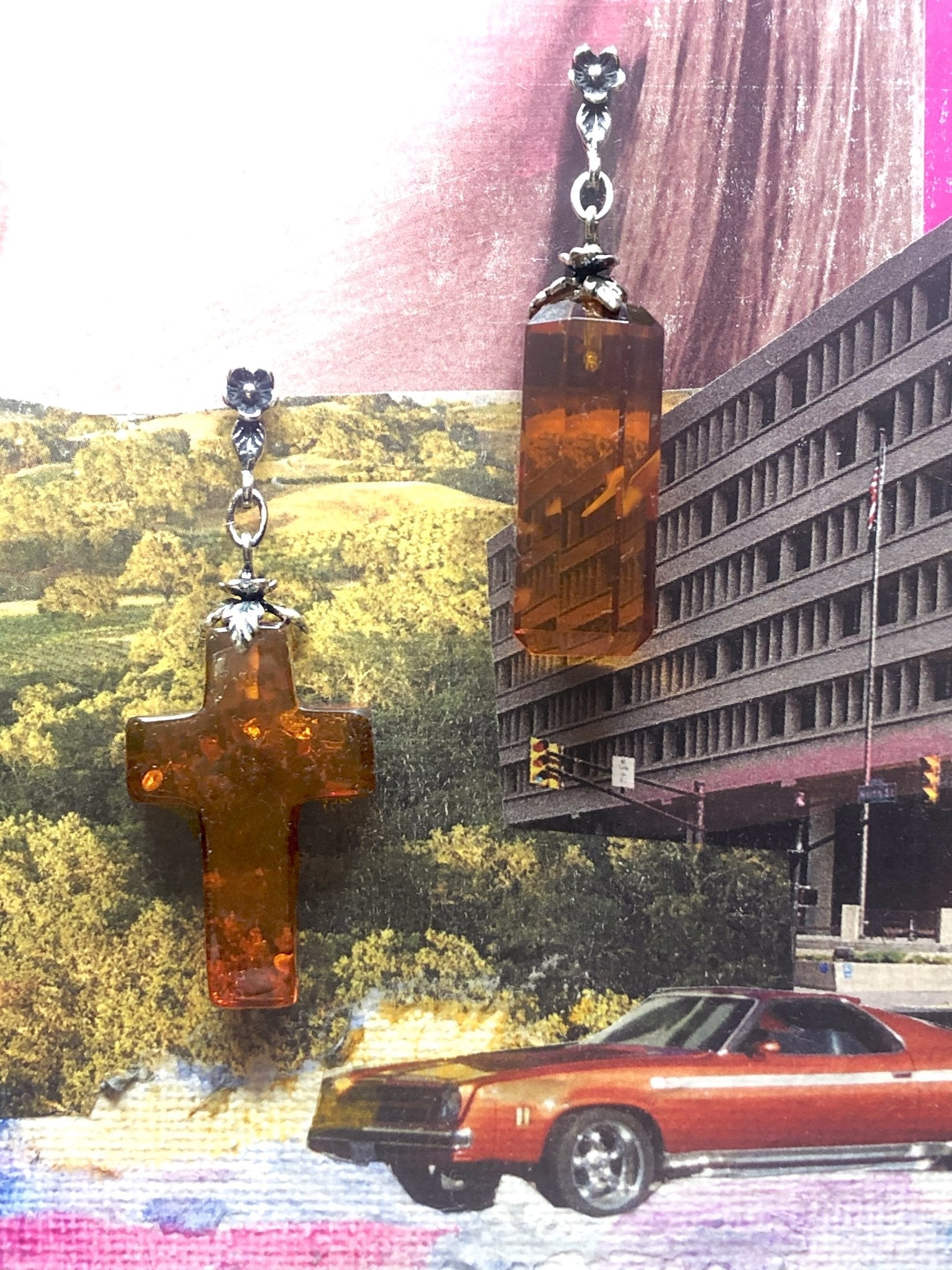 Faceted Baltic Amber Cylinder and Cross Drop Earrings with Sterling Silver Flower Posts by Sage Machado - The Sage Lifestyle